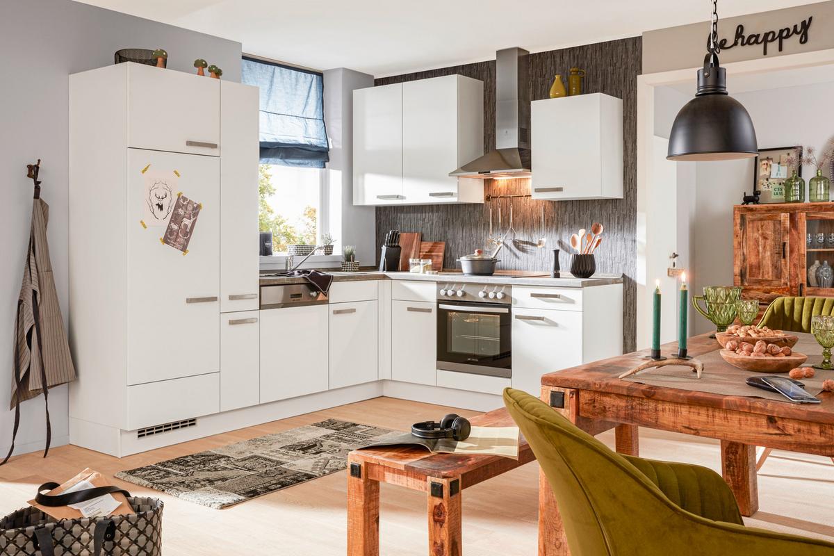 Eckküche inkl. 4 E-Geräte Weiß - Edelstahlfarben/Weiß, KONVENTIONELL, Holzwerkstoff/Metall (265/215cm) - Nobilia