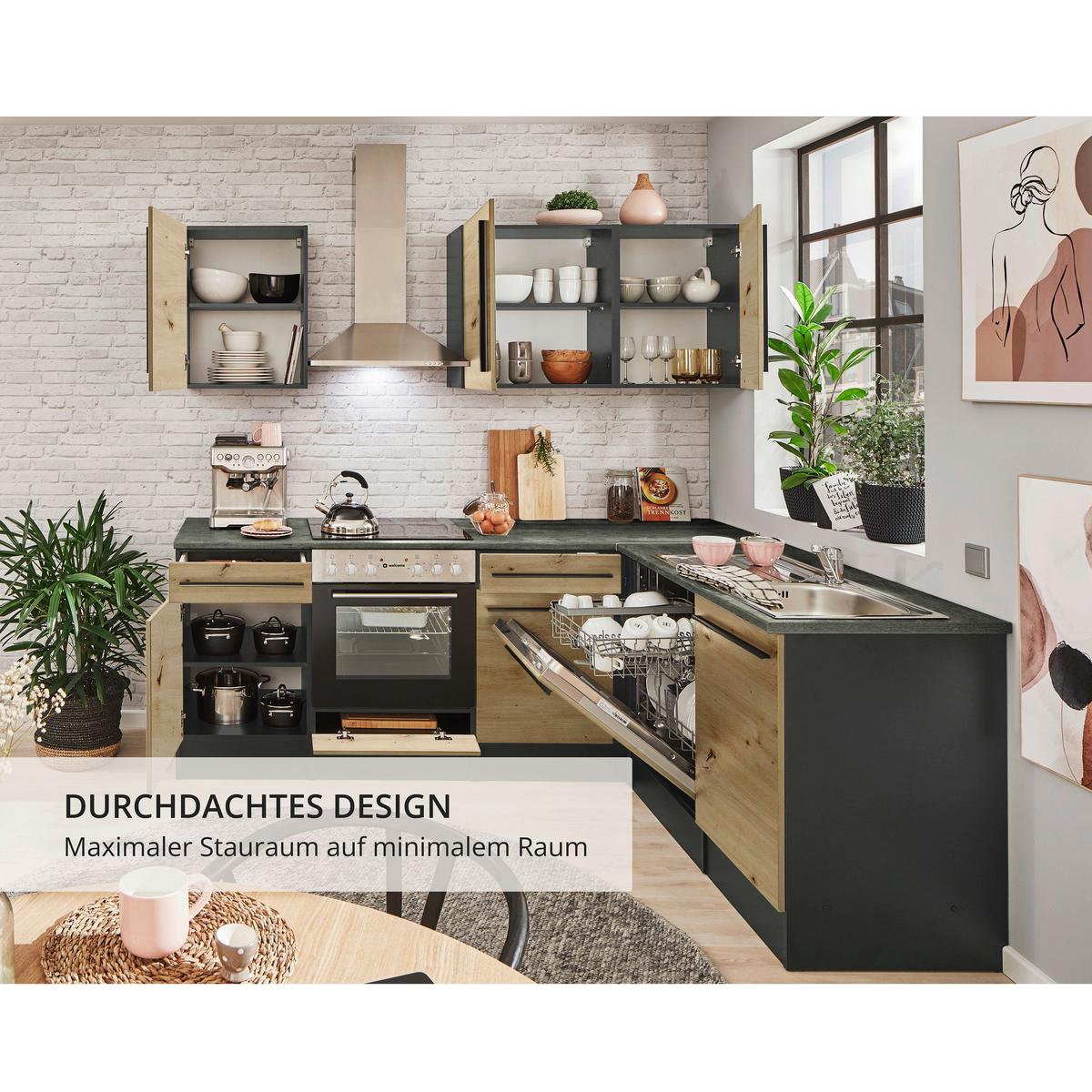 Eckküche Jazz mit Geräten ca.220x175cm Eiche/Anthrazit - Anthrazit/Schwarz, LIFESTYLE, Holzwerkstoff/Kunststoff (220/175cm) - P & B