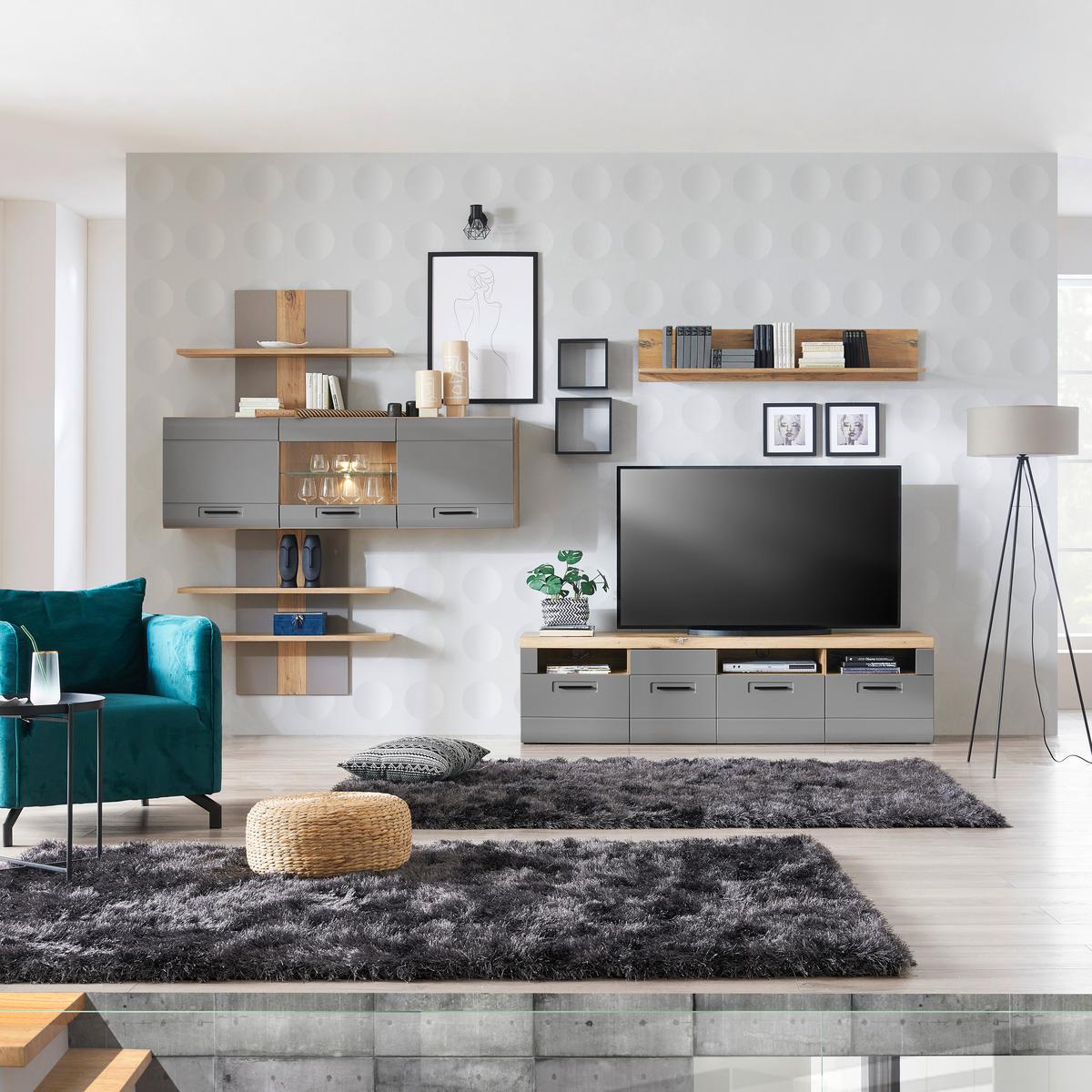 Vitrină suspendată Auris - gri, Modern, sticlă/material pe bază de lemn (164,3/52/37,1cm) - Modern Living