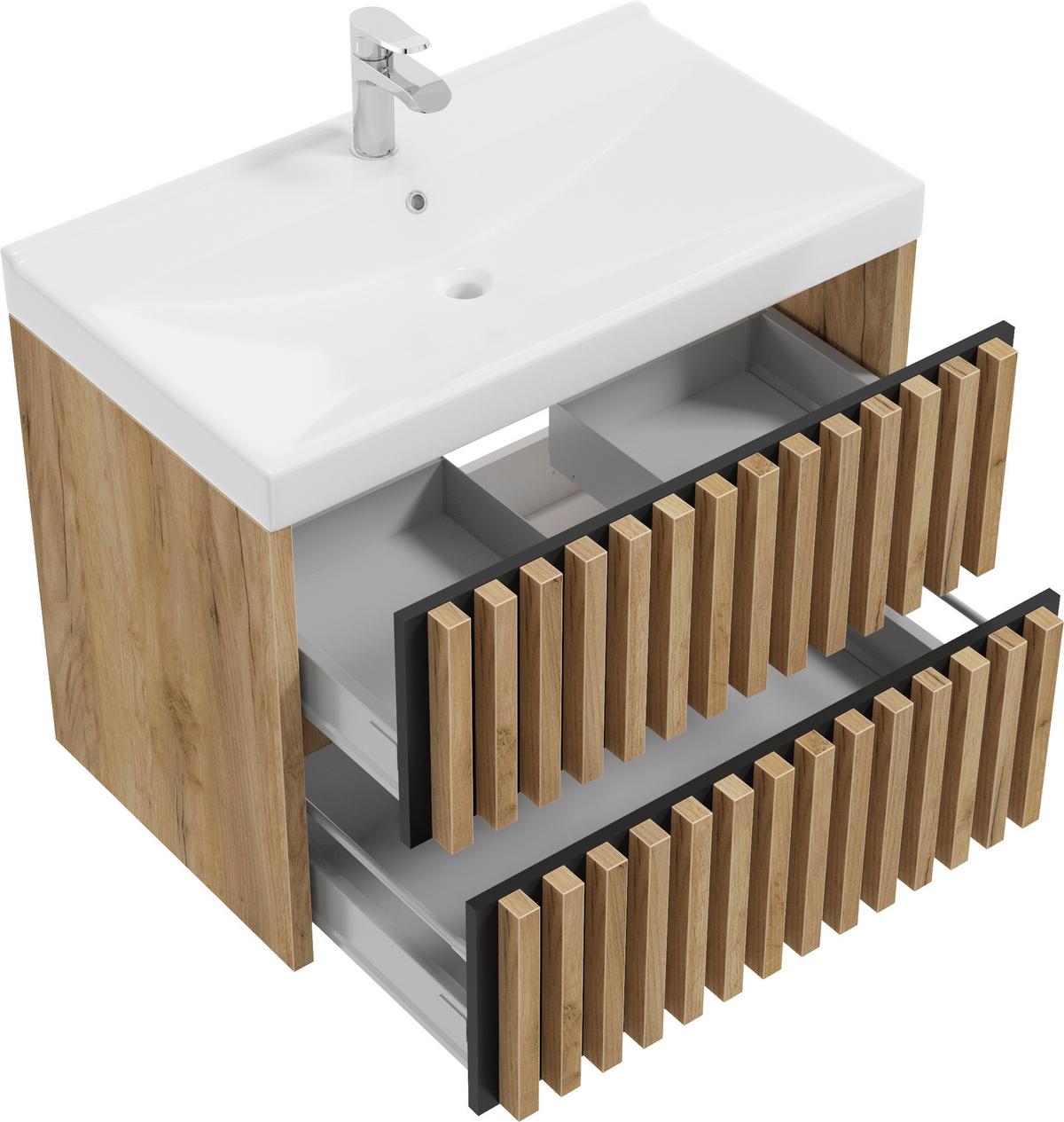 Bază cu lavoar Line - alb/culoare lemn stejar, Modern, ceramică/material pe bază de lemn (81cm) - Welnova