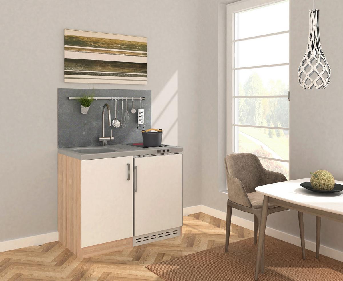 Miniküche Weiss/Eiche Sonoma m. Geräten B: ca. 100cm - Edelstahlfarben/Weiß, MODERN, Holzwerkstoff/Kunststoff (100cm) - Respekta