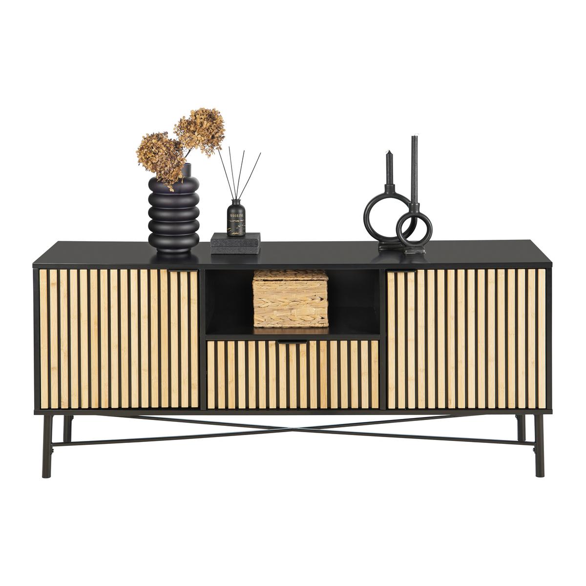 Lowboard Madrid Schwarz/Naturfarben massiv - Eichefarben/Schwarz, Modern, Holz/Holzwerkstoff (143/60/40cm) - Mömax