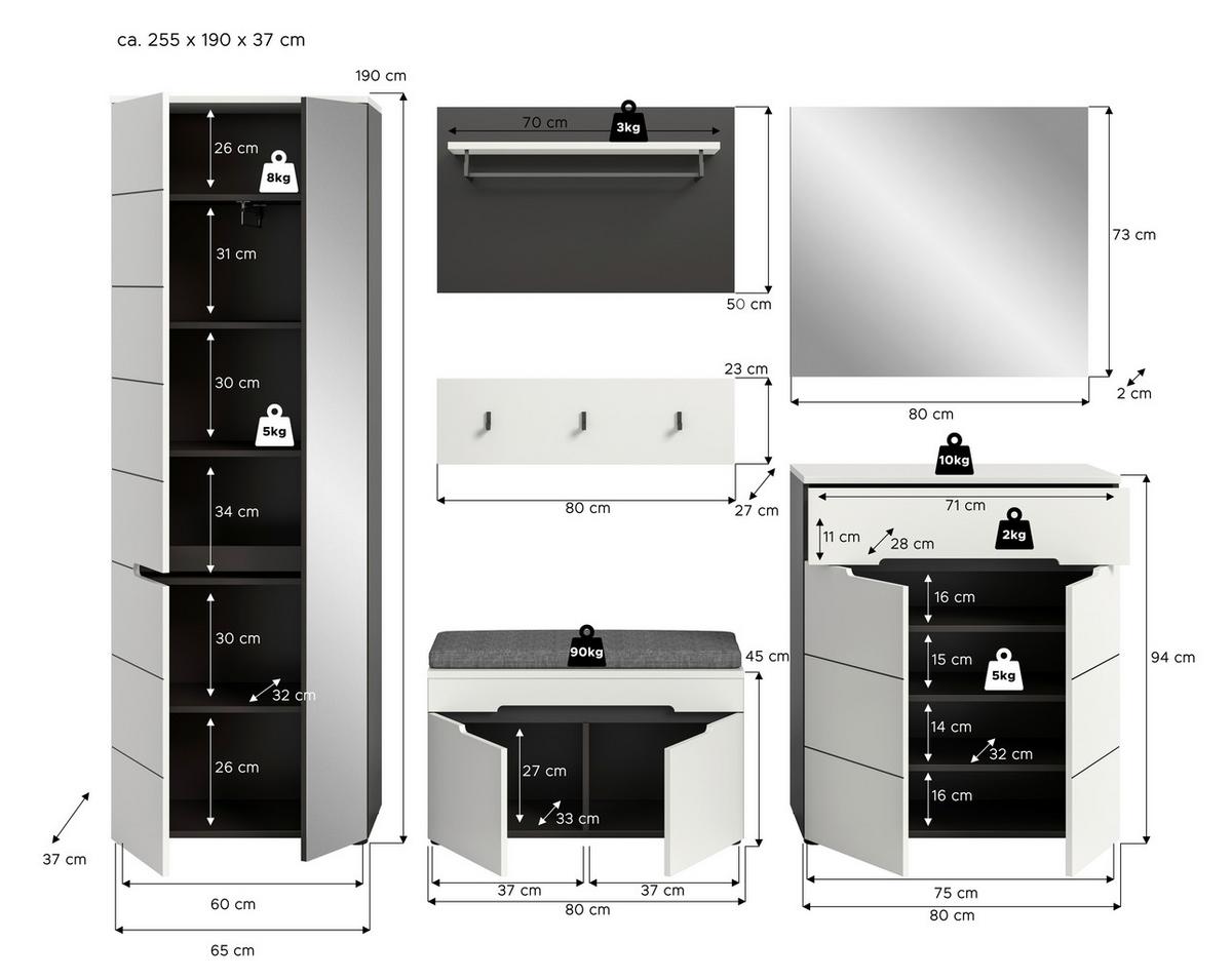 Predsoba Canu, Bela, Siva, Z Blazino, 6-Delna - bela, Design, leseni material (255/190/37cm) - Livetastic