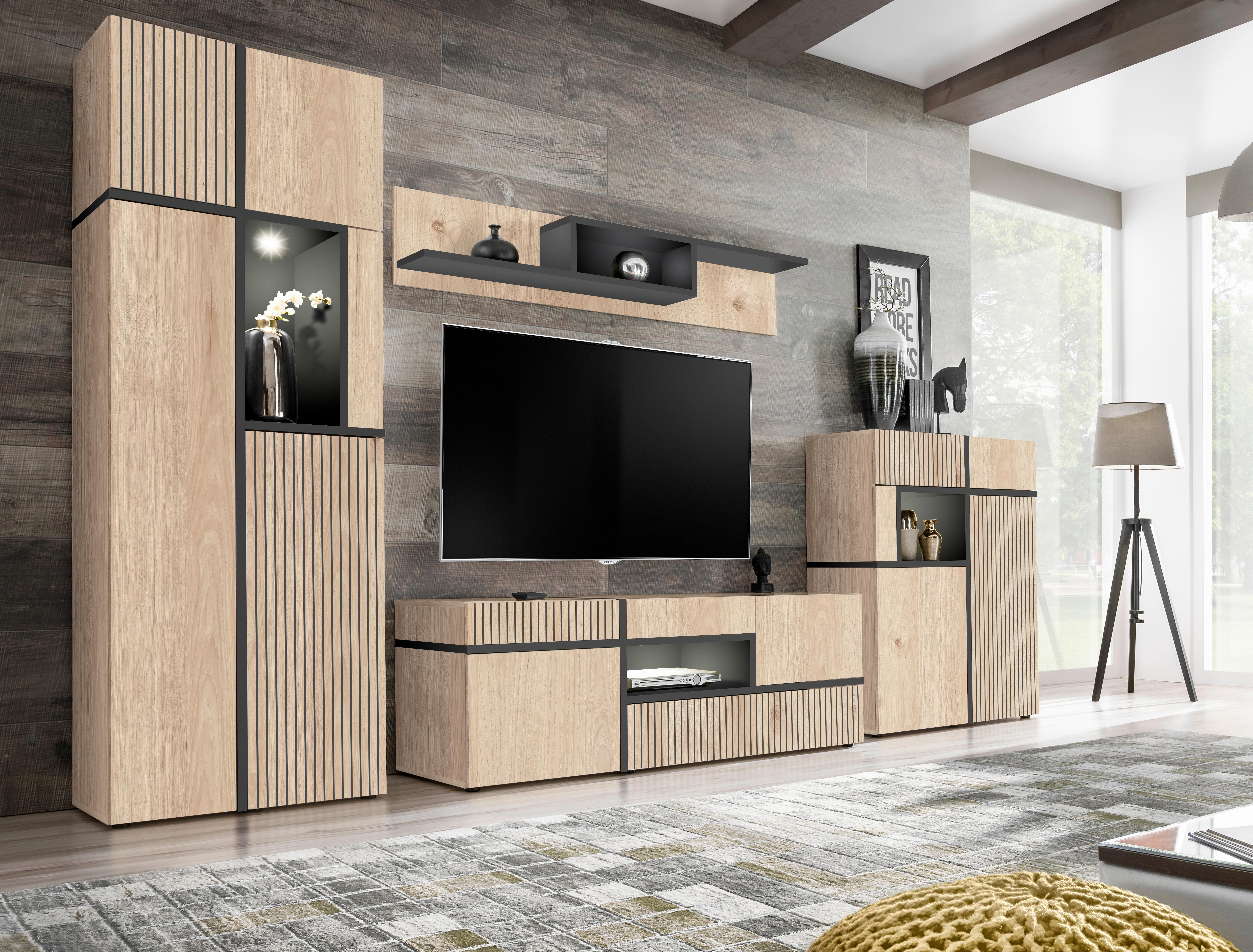 Wohnwand Cross Schwarz/Hickory - Schwarz/Hickory, MODERN, Holzwerkstoff/Kunststoff (330/195/50cm) - Premium Living