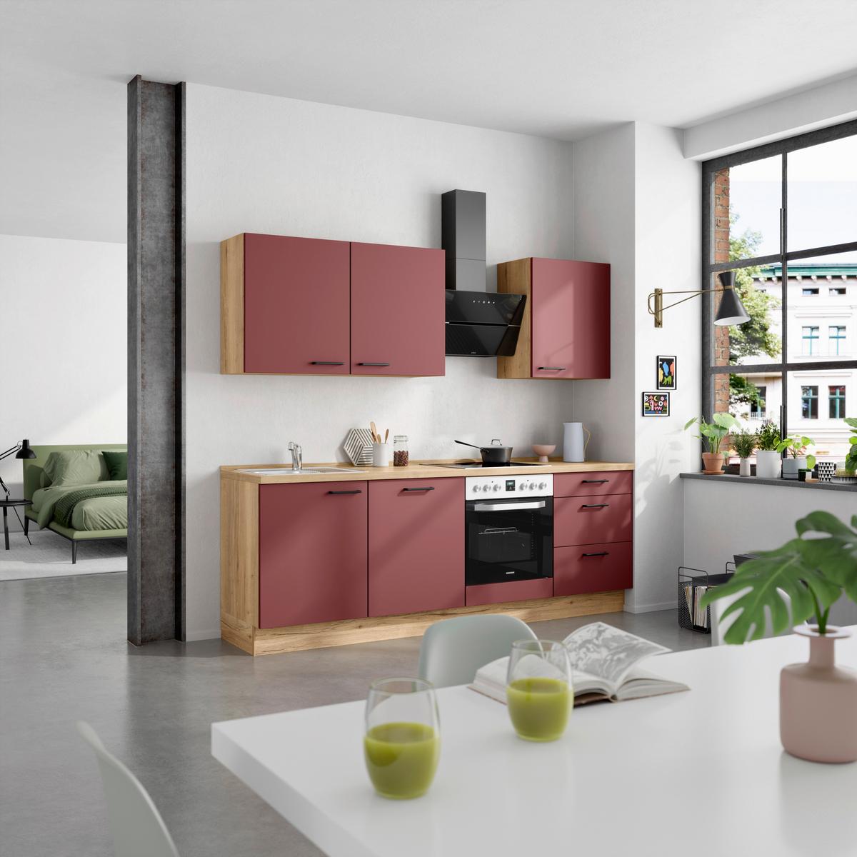 Küchenblock Easytouch High m. Geräten Dunkelrot - Eichefarben/Schwarz, MODERN, Holzwerkstoff/Metall (240cm) - Nobilia