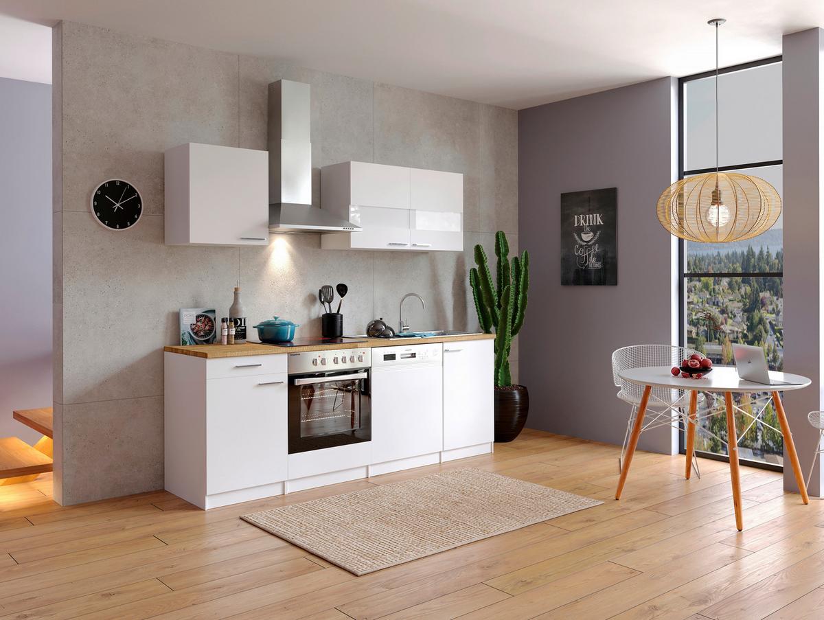Küchenzeile Economy m. Geräten Weiß/Nussbaum B: ca. 220 cm - Edelstahlfarben/Nussbaumfarben, Basics, Holzwerkstoff/Metall (220cm) - Respekta