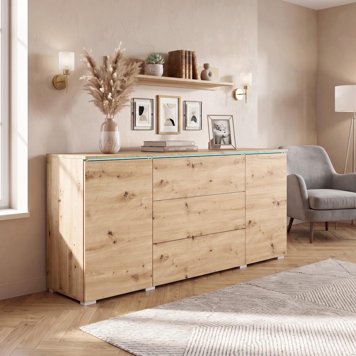 Sideboard Vera mit LED ca. 150 cm Eiche Artisan - Eiche Artisan/Grau, Basics, Holzwerkstoff/Kunststoff (150/67,9/39,5cm) - P & B