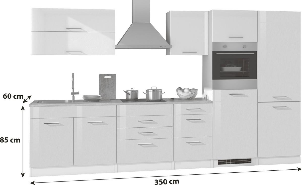 Küchenblock in Weiss inkl. E-Geräte 'Mailand' - Chromfarben/Weiß Hochglanz, Basics, Holzwerkstoff/Metall (350cm) - Held