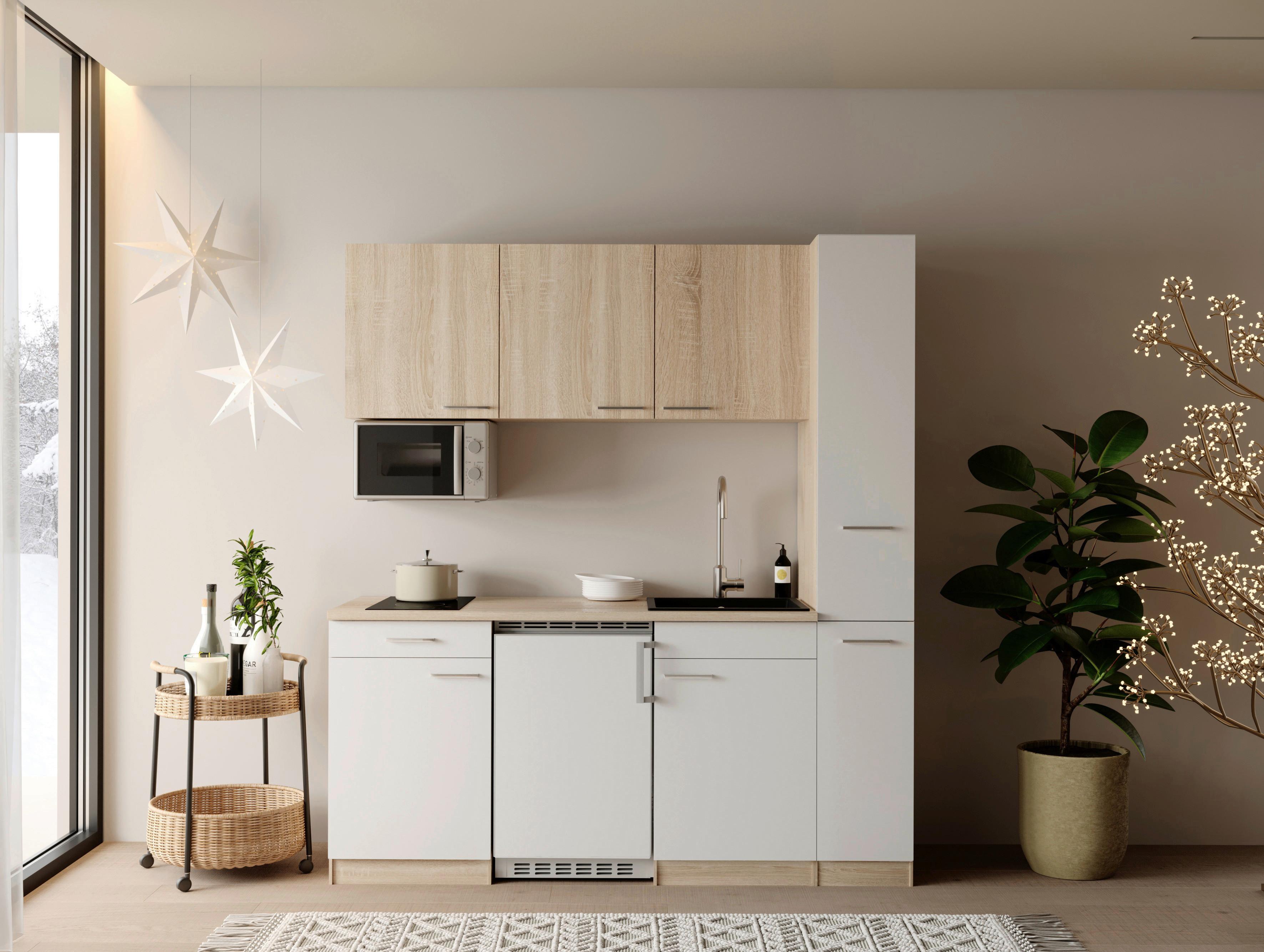 Küchenblock Ingrid m. Geräten Weiß - Eichefarben/Alufarben, Design, Holzwerkstoff/Kunststoff (180cm) - Respekta