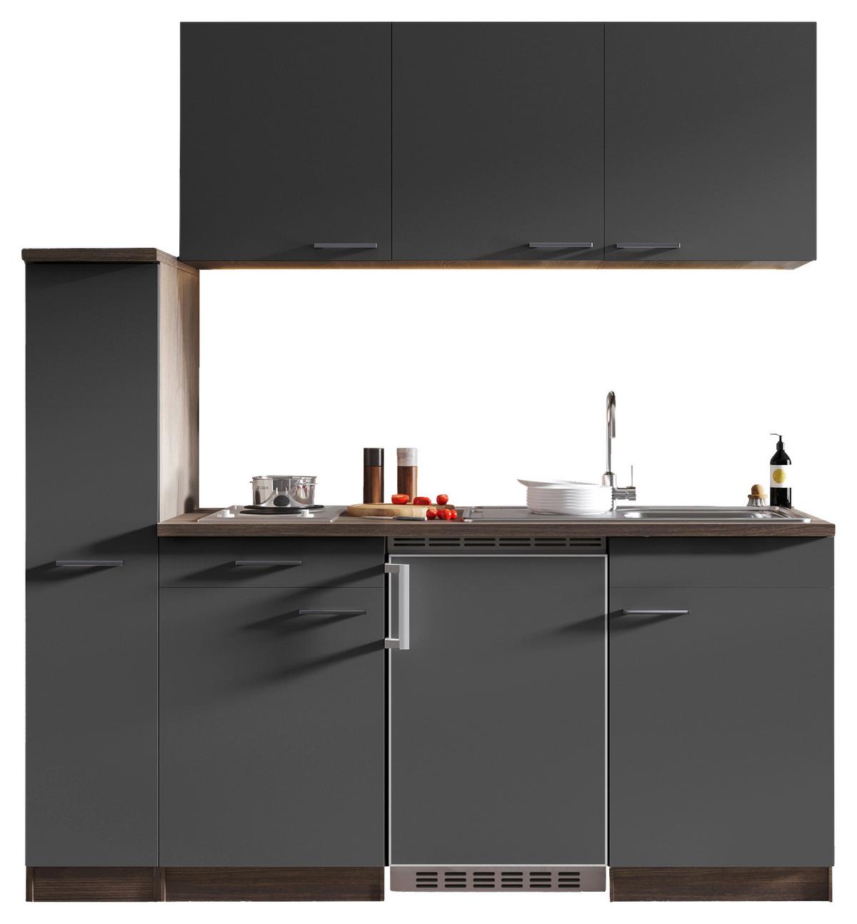 Miniküche Oliver mit Geräten ca. 180 cm Grau - Eichefarben/Alufarben, Basics, Holzwerkstoff/Kunststoff (180cm) - Respekta
