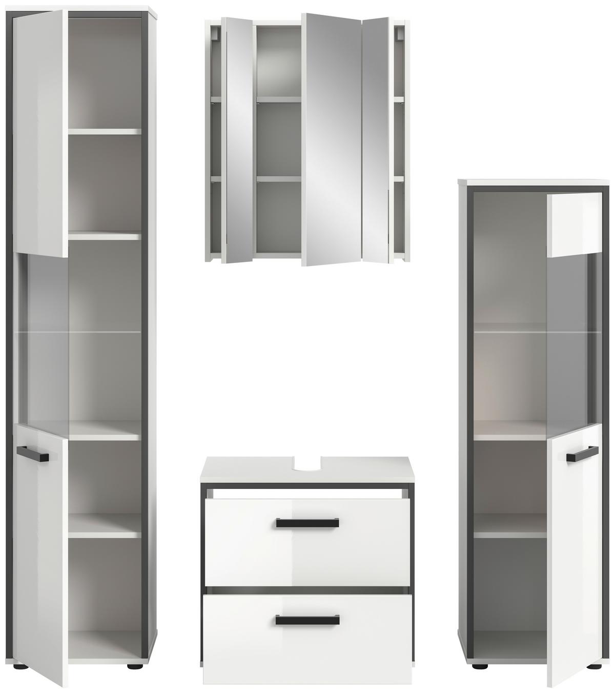 Badezimmer Kojak 4-tlg. Weiß/Anthrazit - Weiß Hochglanz/Schwarz, MODERN, Holzwerkstoff/Kunststoff (140cm) - MID.YOU