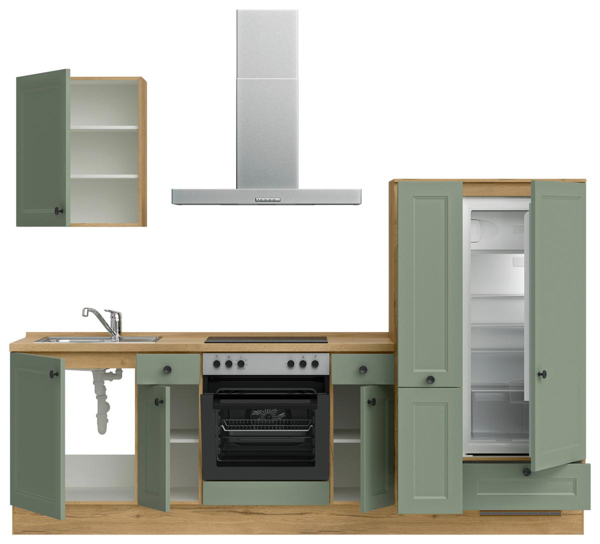 Küchenblock Cascada Low m. Geräten Schilfgrün - Schilfgrün/Eichefarben, MODERN, Holzwerkstoff/Metall (270cm) - Nobilia