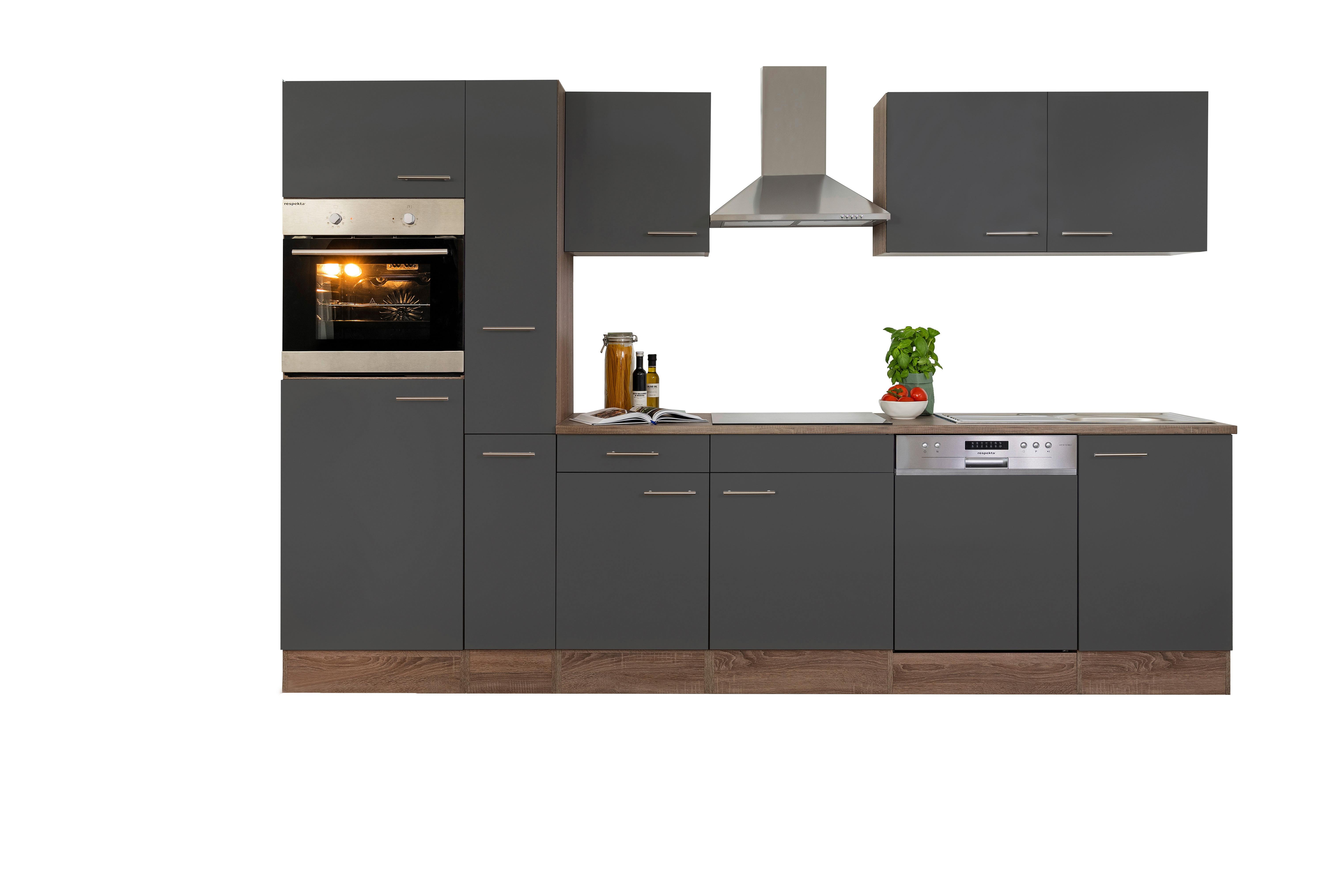 Küchenzeile Economy o. Geräte Grau/Eiche B: ca. 310 cm - Edelstahlfarben/Eichefarben, Basics, Holzwerkstoff/Metall (310cm) - Respekta
