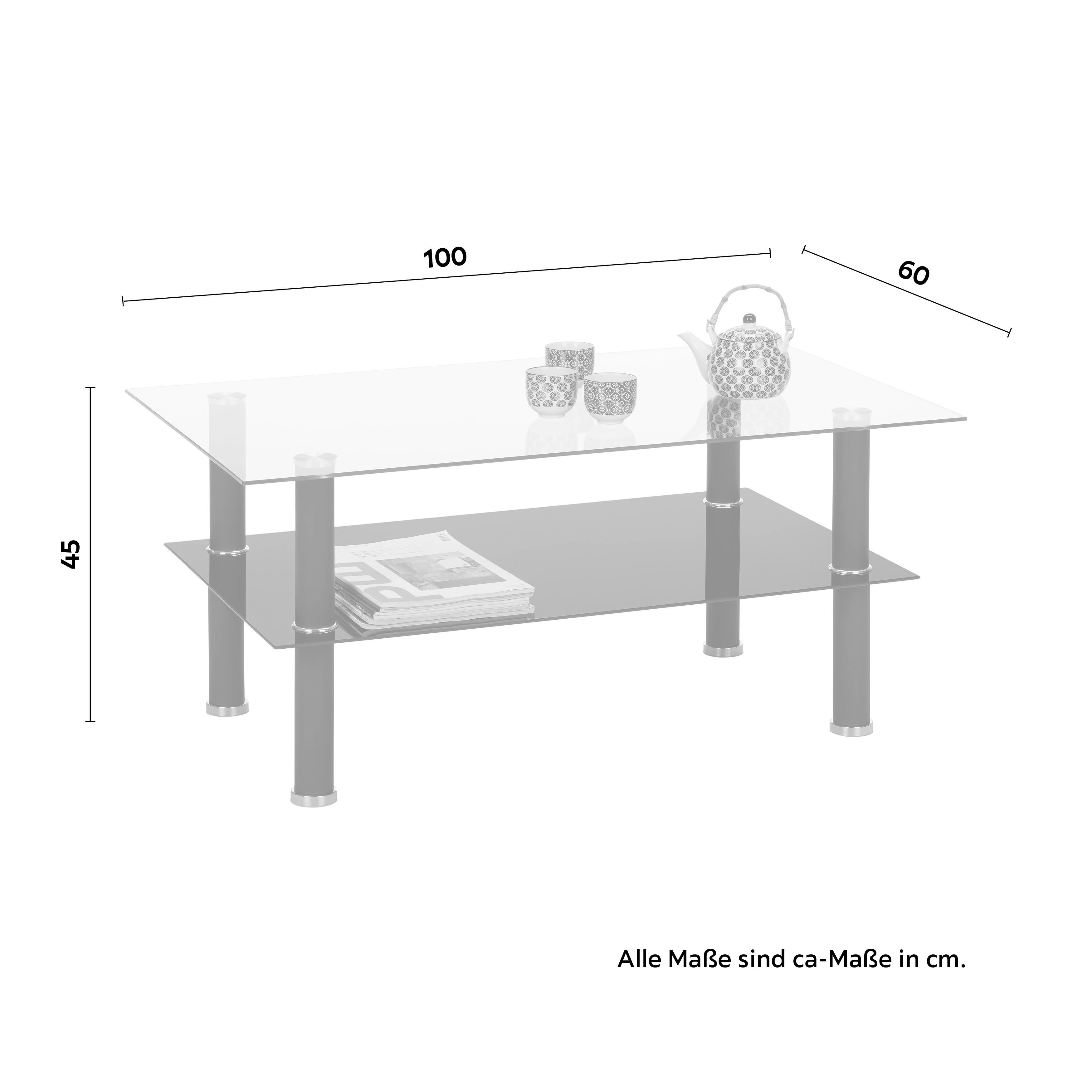 Couchtisch aus Glas ca. 100x45x60cm - Klar/Schwarz, Modern, Glas/Metall (100/60/45cm) - Based