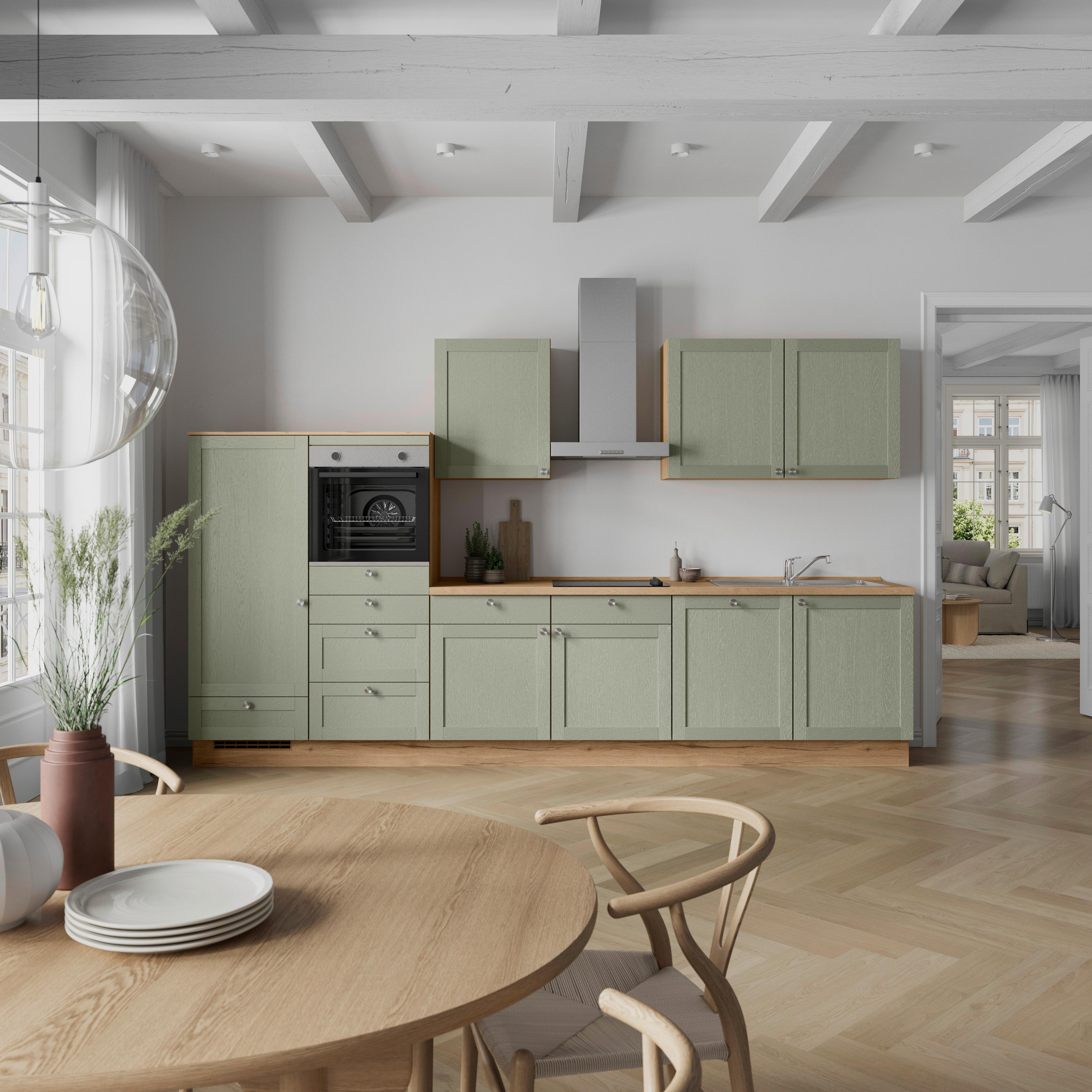 Küchenleerblock Frame Low o. Geräte Olivgrün - Edelstahlfarben/Eichefarben, MODERN, Holzwerkstoff/Metall (360cm) - Nobilia