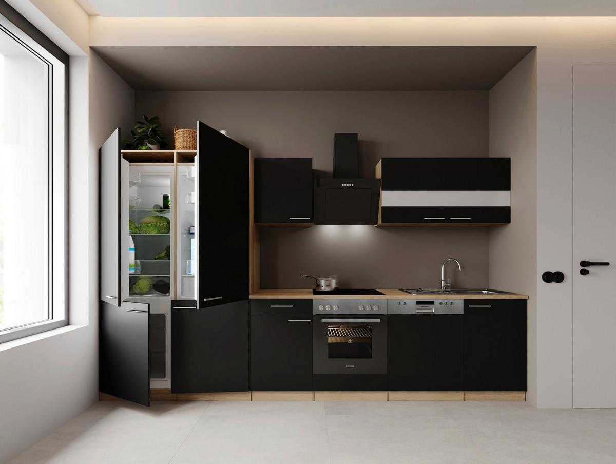 Küchenblock Merle m. Geräten Schwarz - Edelstahlfarben/Eichefarben, Trend, Holzwerkstoff/Metall (340cm) - Respekta