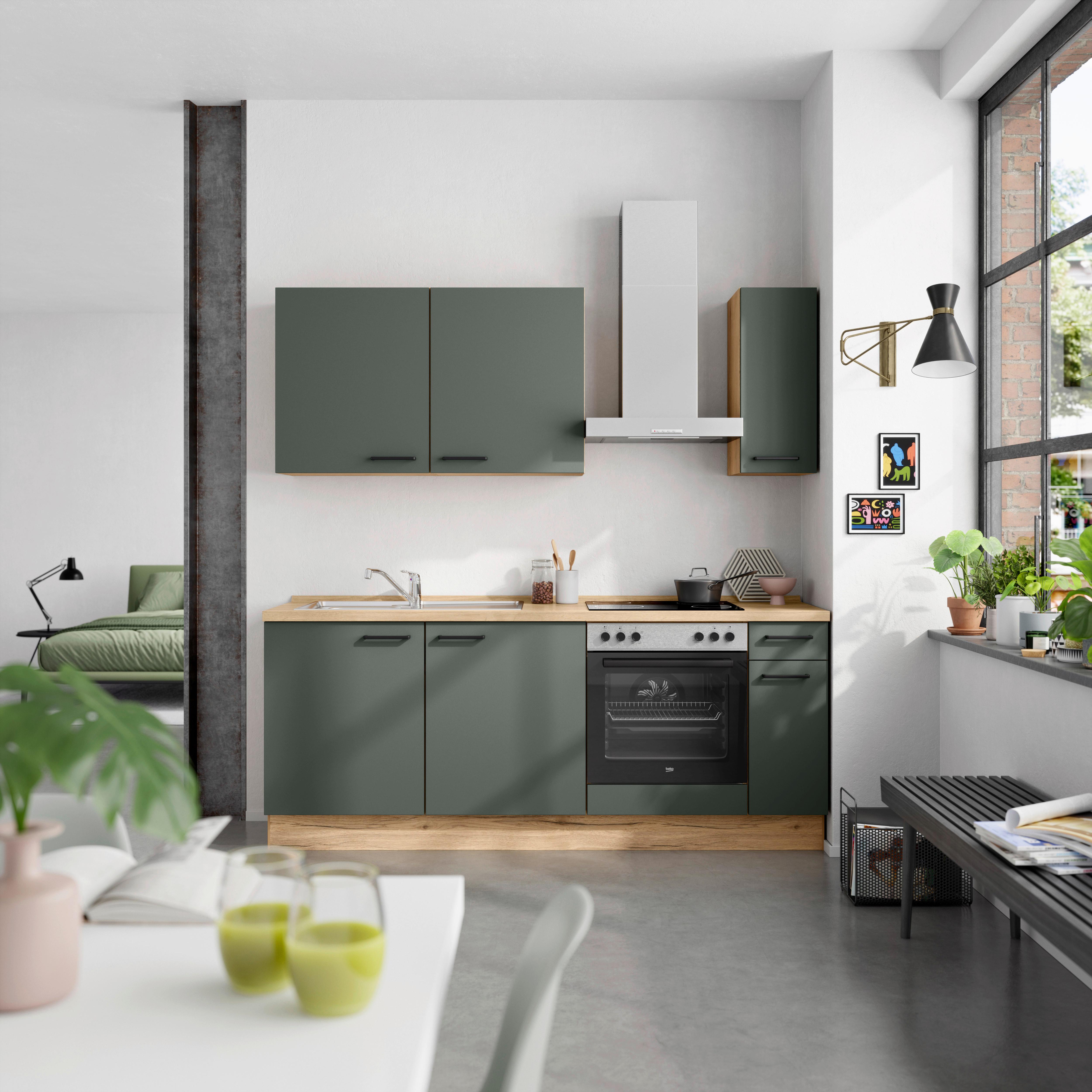 Küchenblock Easytouch Low m. Geräten Dunkelgrün - Dunkelgrün/Eichefarben, MODERN, Holzwerkstoff/Metall (210cm) - Nobilia