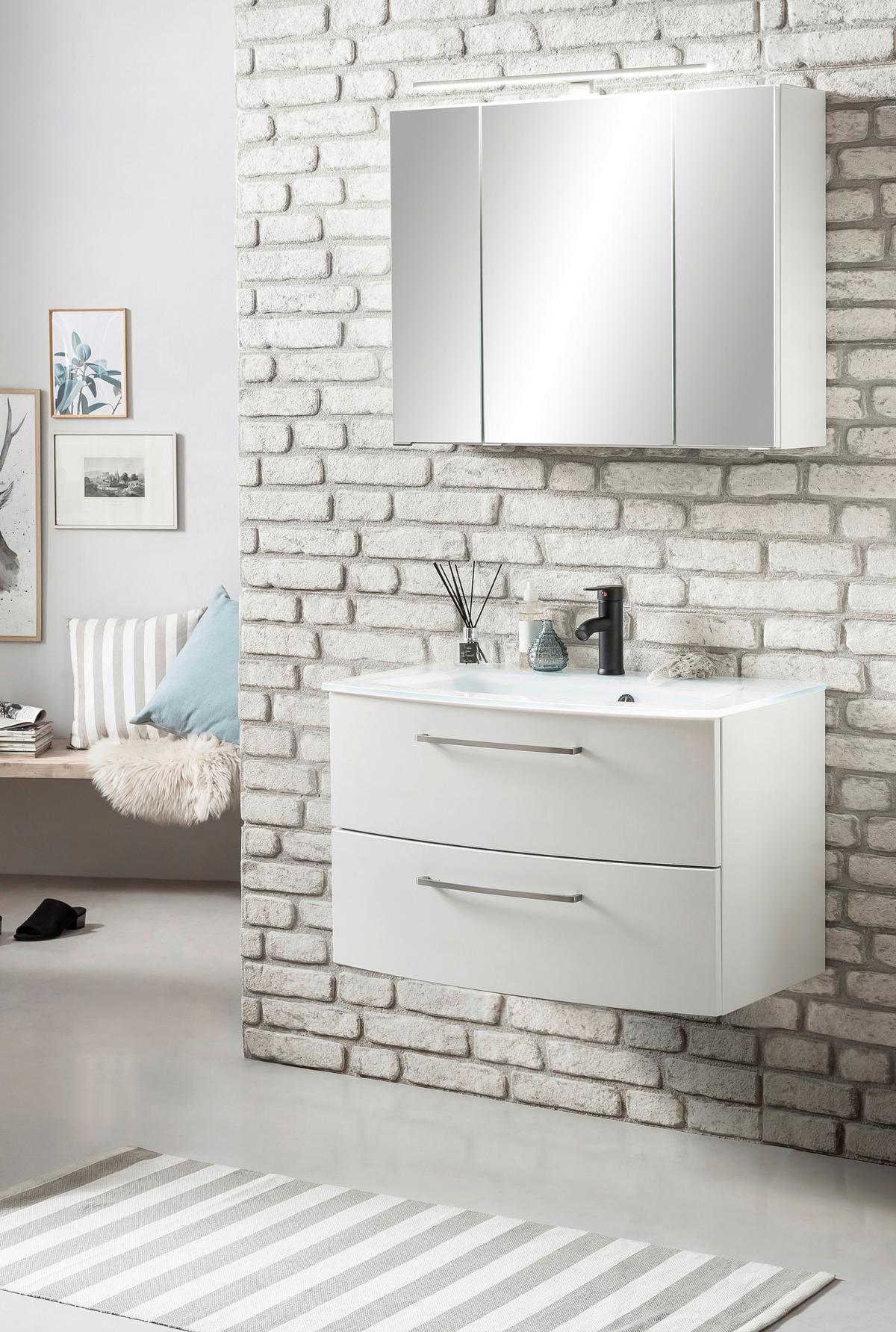 Spiegelschrank Stockholm mit LED 3-türig ca. 80x64 cm Weiß - Alufarben, KONVENTIONELL, Glas/Holzwerkstoff (80/64/20cm) - Held