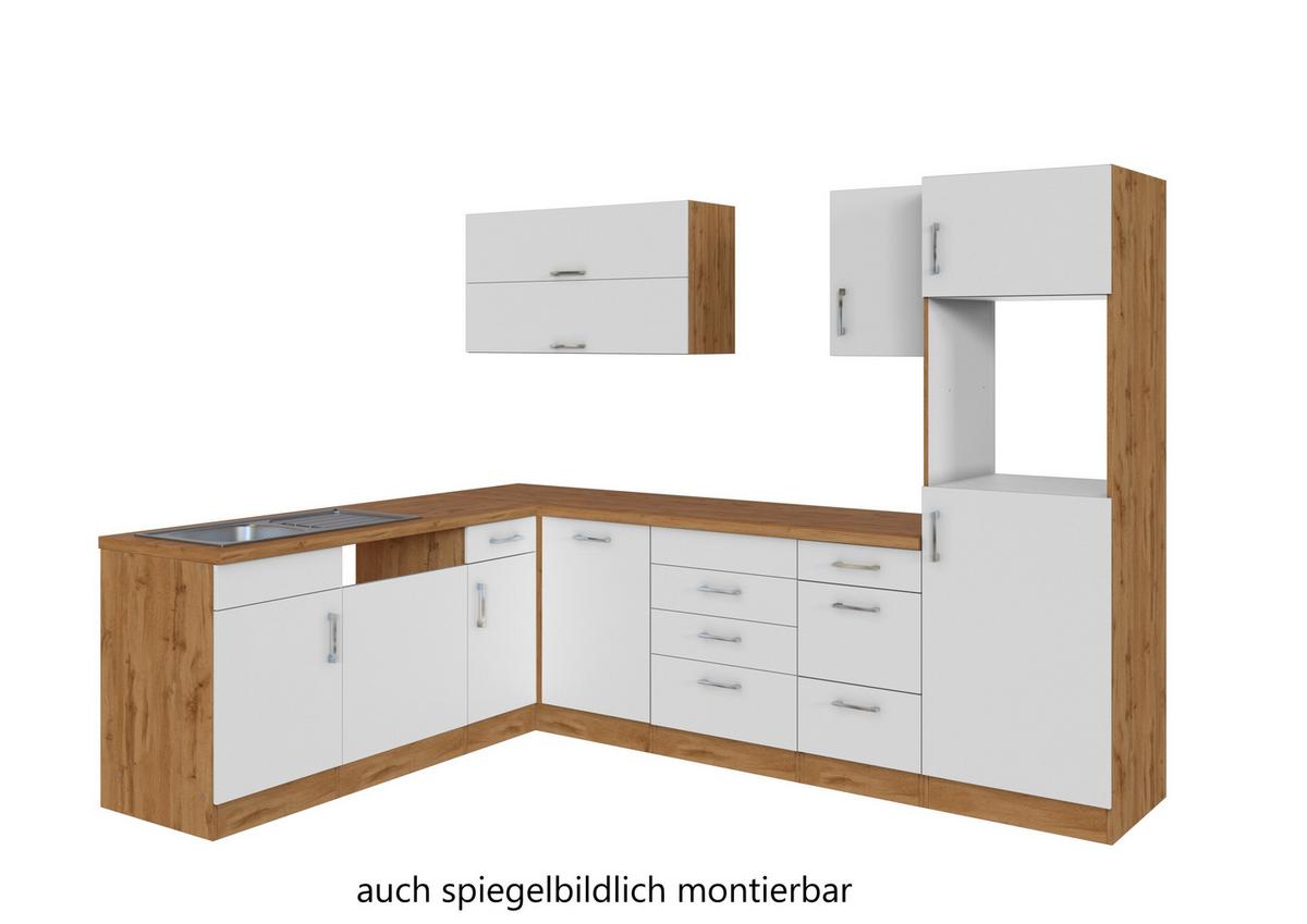 Eckküche Winkelblock ohne Geräte ca. 210x270 cm Weiß - Eichefarben/Alufarben, MODERN, Holzwerkstoff/Metall (210/270cm) - Held