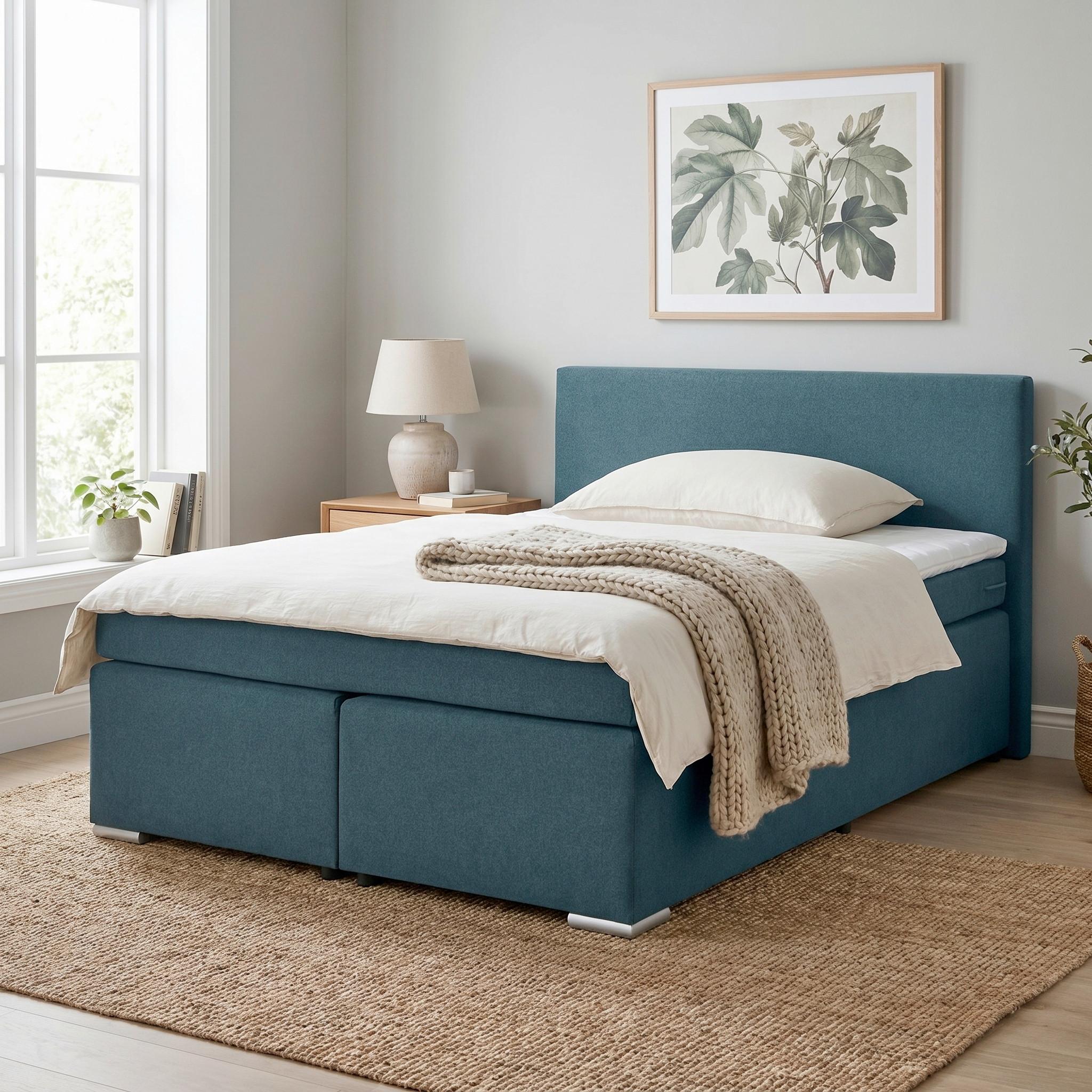 Boxspringbett Mira 2 Dunkelblau ca. 160x200cm - Chromfarben/Dunkelblau, MODERN, Holz/Kunststoff (160/200cm) - Based