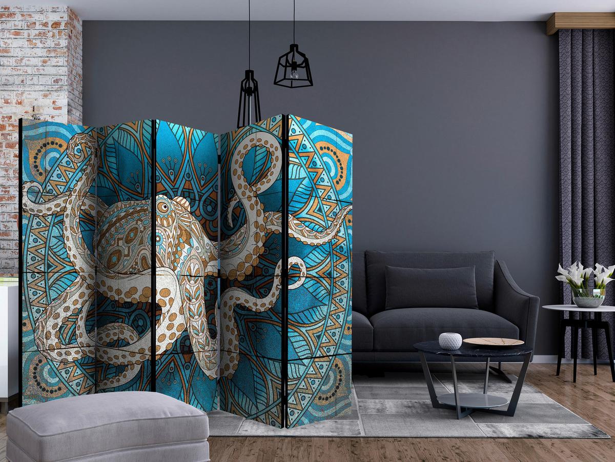 Paravan Zen Octopus I, 5-Delni, Akustičen - modra/rjava, Moderno, umetna masa/tekstil (225/172/3cm) - artgeist