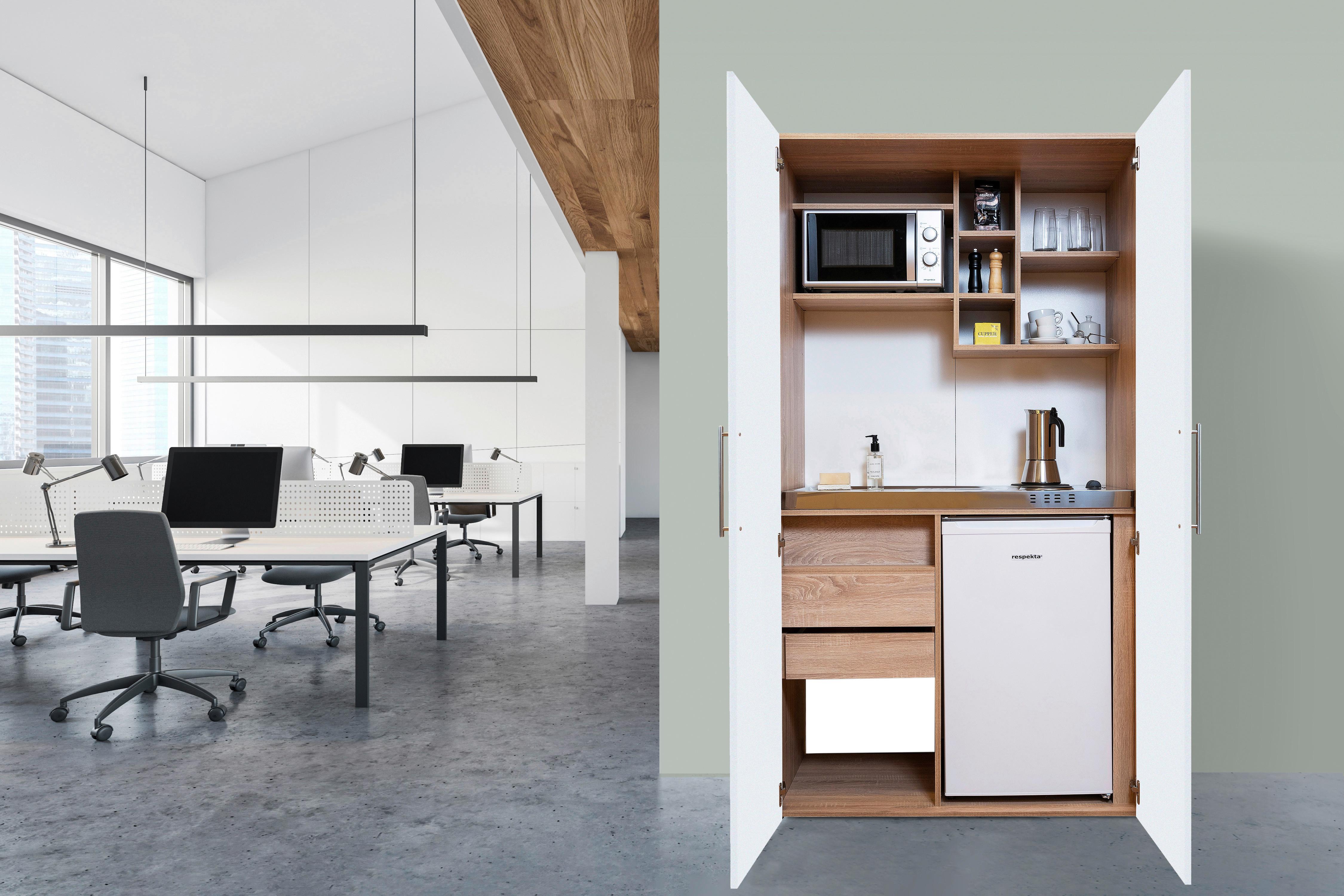 Schrankküche Weiß Kühlschrank + Kochfeld B: ca. 104 cm - Edelstahlfarben/Eichefarben, KONVENTIONELL, Holzwerkstoff/Metall (104/193/67cm) - Respekta
