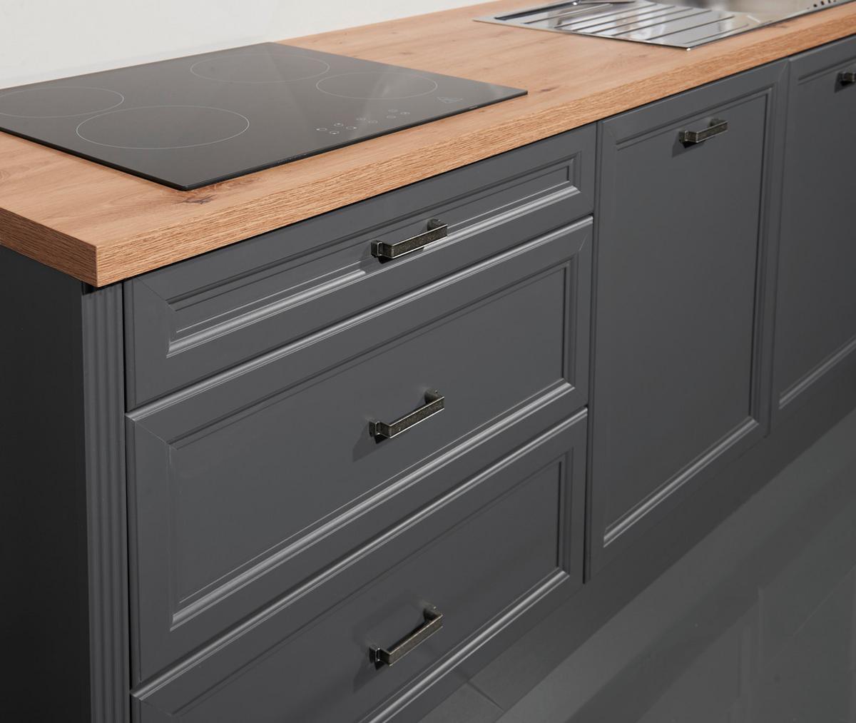 Küchenblock Jasmit mit Geräten ca. 210 cm Anthrazit/Eiche - Anthrazit/Eiche Artisan, ROMANTIK / LANDHAUS, Glas/Holzwerkstoff (210-134cm) - P & B