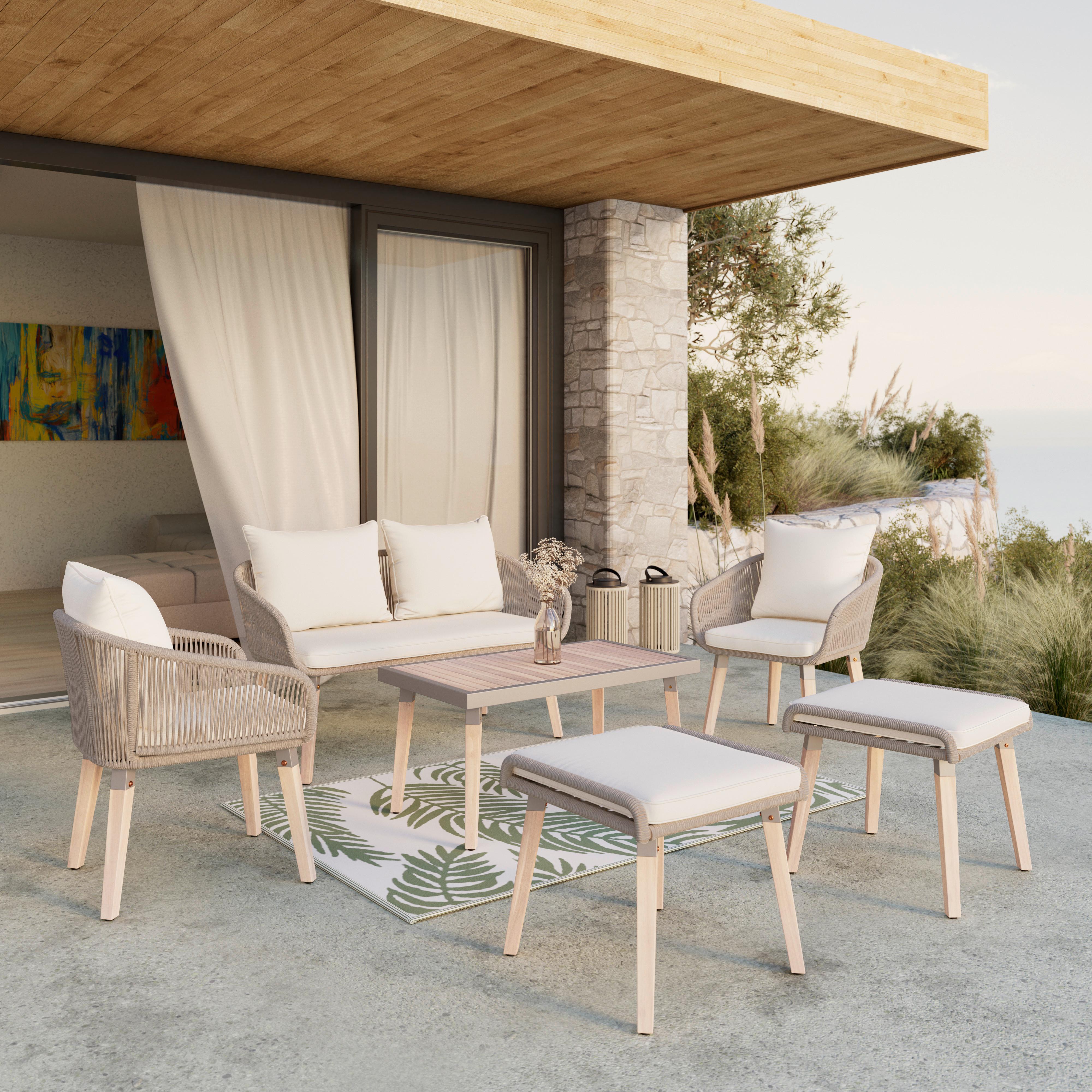 Loungegarnitur Elodie Creme Outdoorstoff/Holz - Creme/Schwarz, MODERN, Holz/Kunststoff - Bessagi Garden