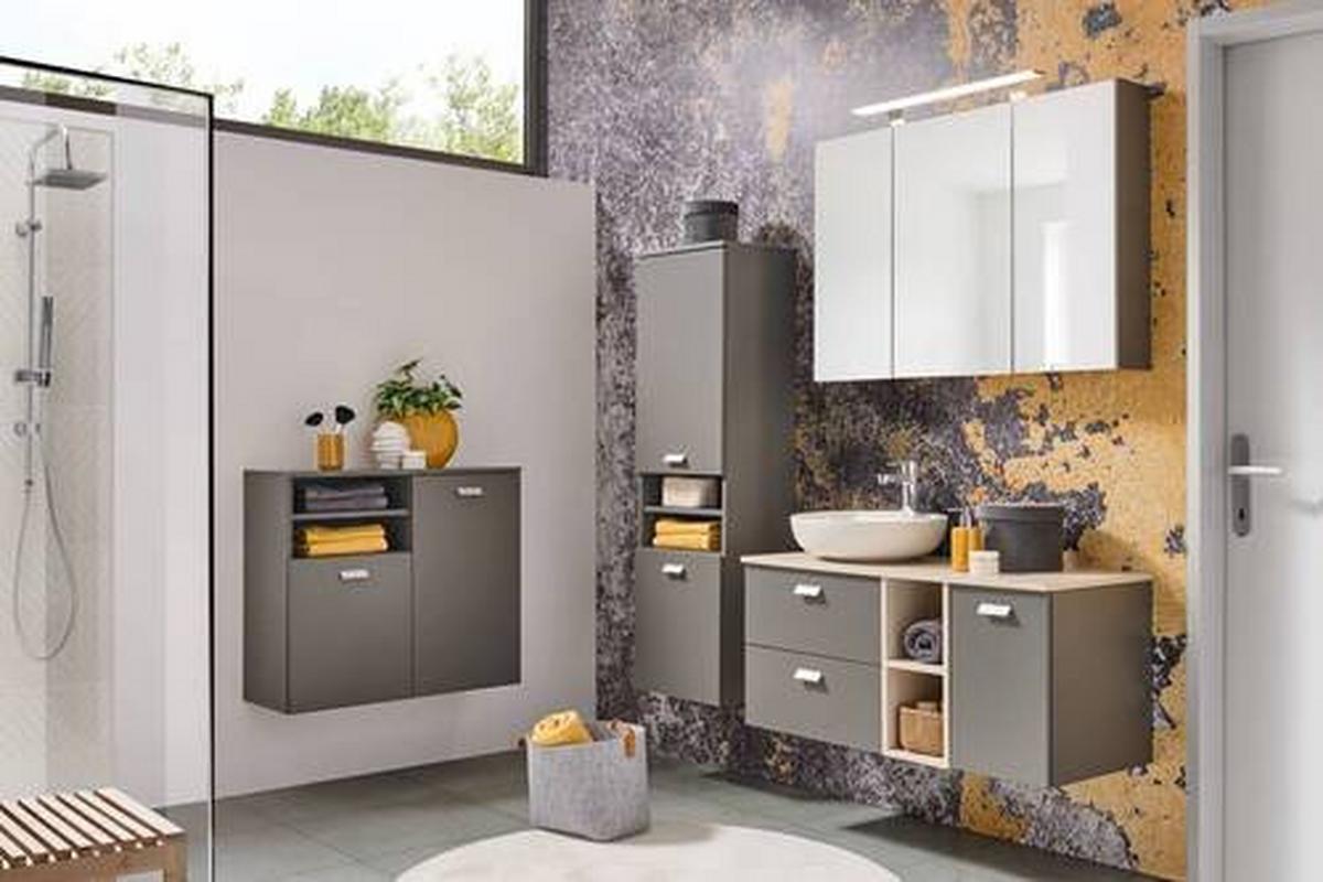 SZAFKA ŚREDNIA MONA - kolor srebrny/szary, Modern, materiał drewnopochodny/metal (40,3/138,3/32cm) - Stylife