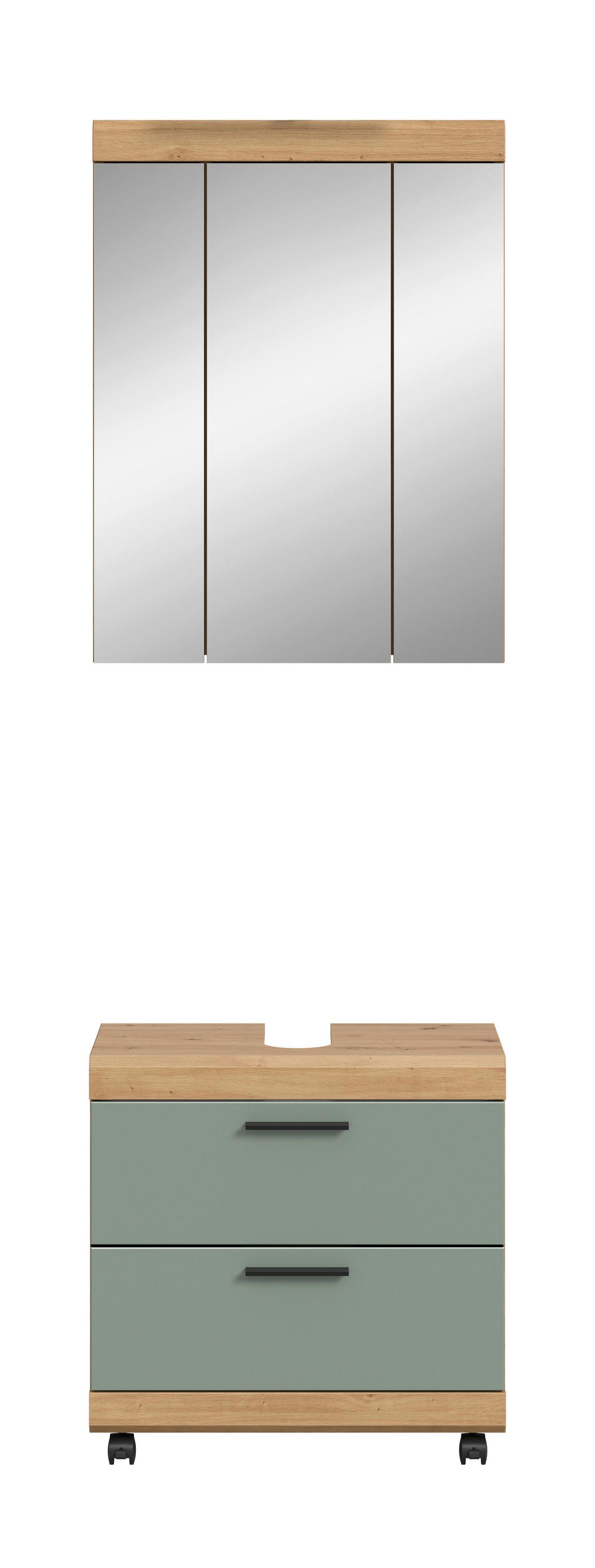Badezimmer Scout Salbeigrün /Eiche Artisan 2-teilig - Salbeigrün/Schwarz, Trend, Glas/Holzwerkstoff (60cm) - MID.YOU
