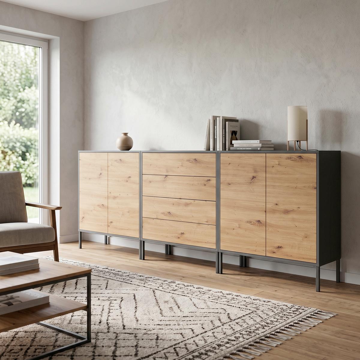 Sideboard Mailand Set 5 Anthrazit/Eiche - Anthrazit/Eiche Artisan, MODERN, Holzwerkstoff/Metall (237/86/33cm) - MID.YOU