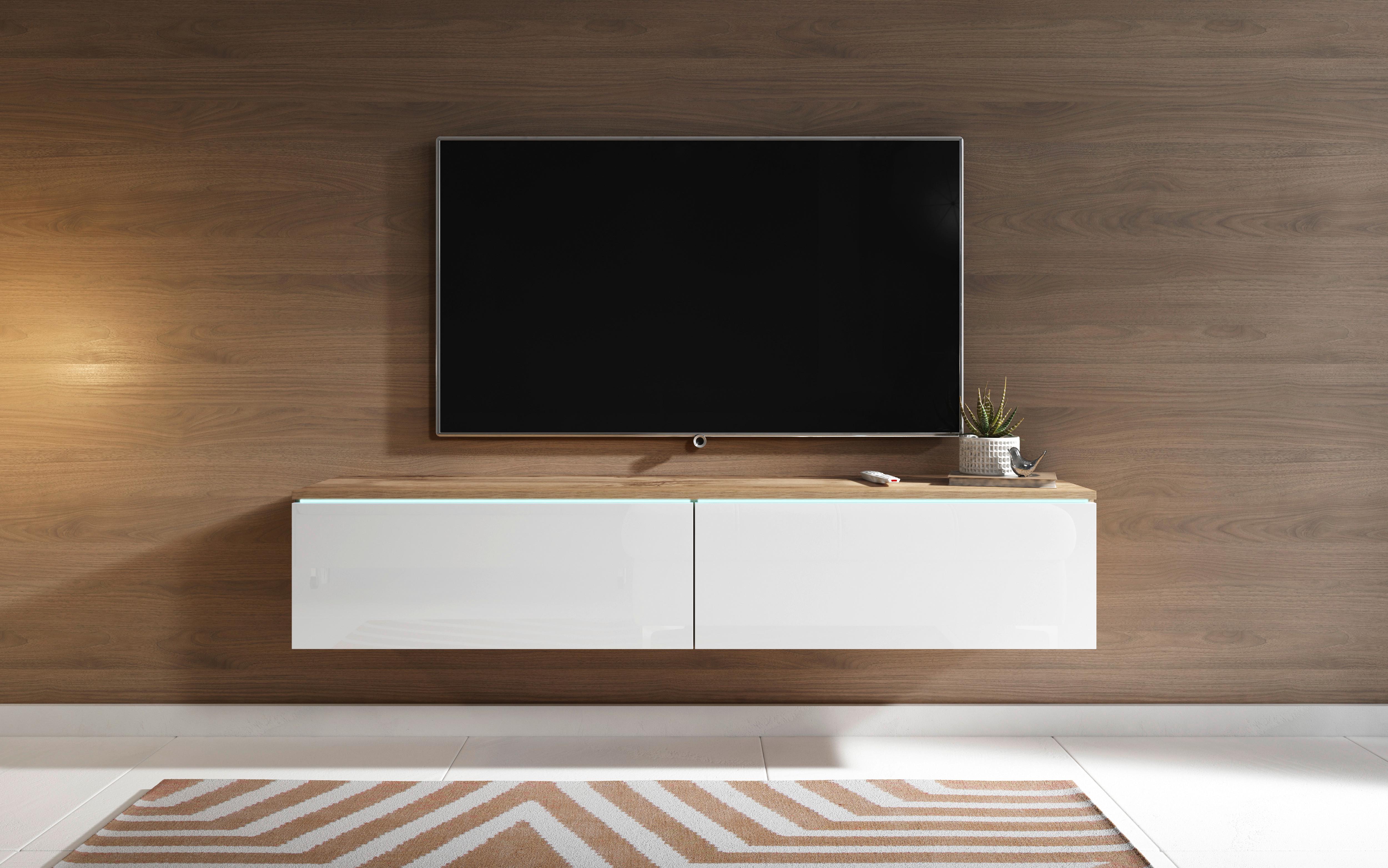 TV-Lowboard mit LED ca. 140x30 cm Weiß/Eiche - Weiß Hochglanz/Eiche Wotan, LIFESTYLE, Holzwerkstoff/Kunststoff (140/30/33cm) - P & B