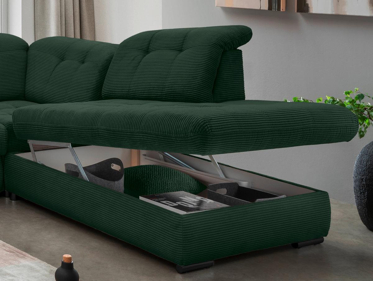 Wohnlandschaft Rigatti Dunkel Grün Cord mit Bettkasten - Dunkelgrün/Schwarz, MODERN, Textil/Metall (184/387/252cm) - Livetastic