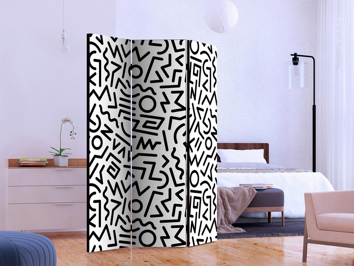 Paravan Black And White Maze, 3-Delni, Dvostranski - črna/bela, Basics, tekstil/les (135/172/3cm) - artgeist