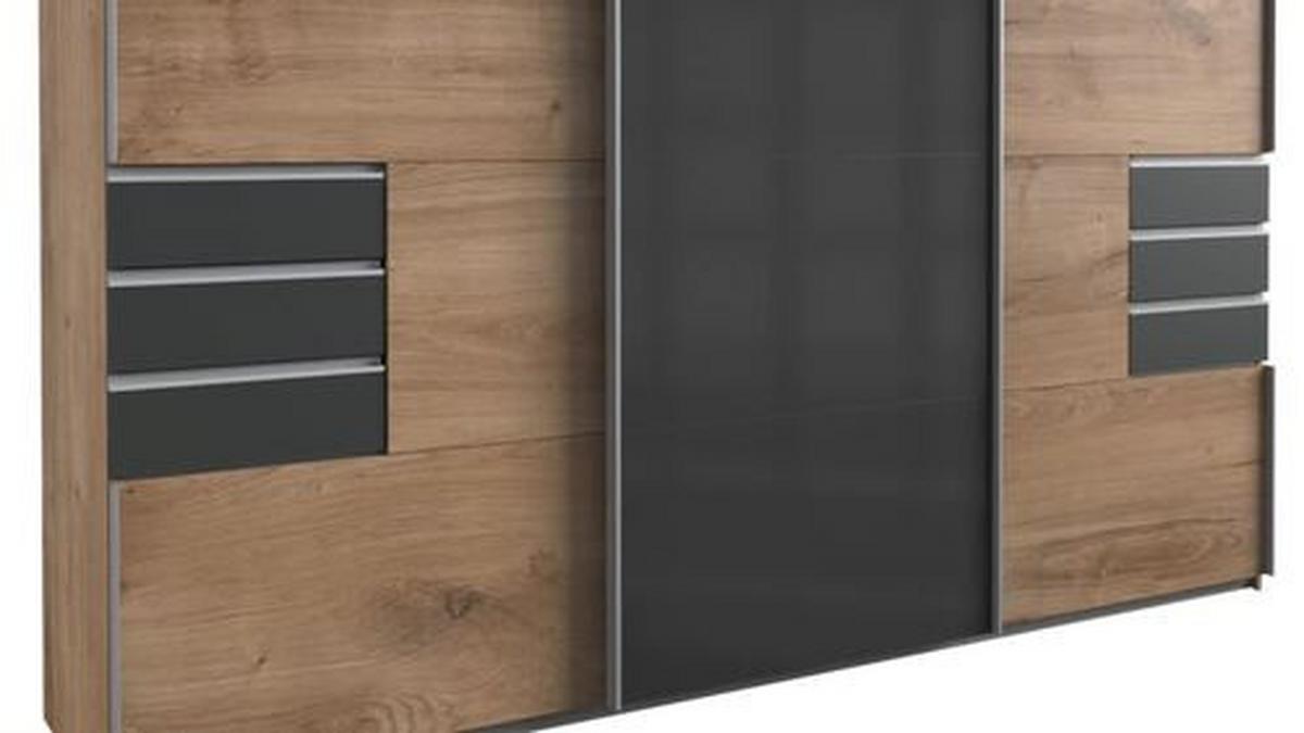 Schwebetürenschrank Saigon in Graphit/Grau/Plankeneiche - Plankeneiche/Graphitfarben, KONVENTIONELL, Glas/Holzwerkstoff (270/208/64cm) - Premium Living