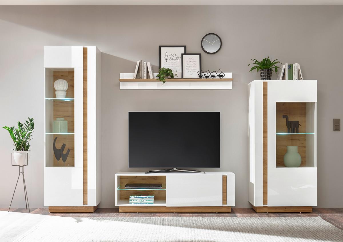 Wohnwand Clair Weiß/Eichefarben - Eichefarben/Weiß, Design, Glas/Holzwerkstoff (290/194/40cm) - MID.YOU