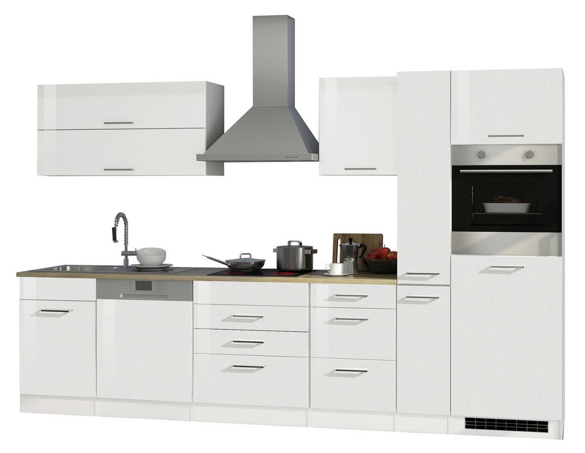 Küchenblock in Weiss inkl. E-Geräte 'Mailand' - Chromfarben/Weiß Hochglanz, MODERN, Holzwerkstoff/Metall (330cm) - Held