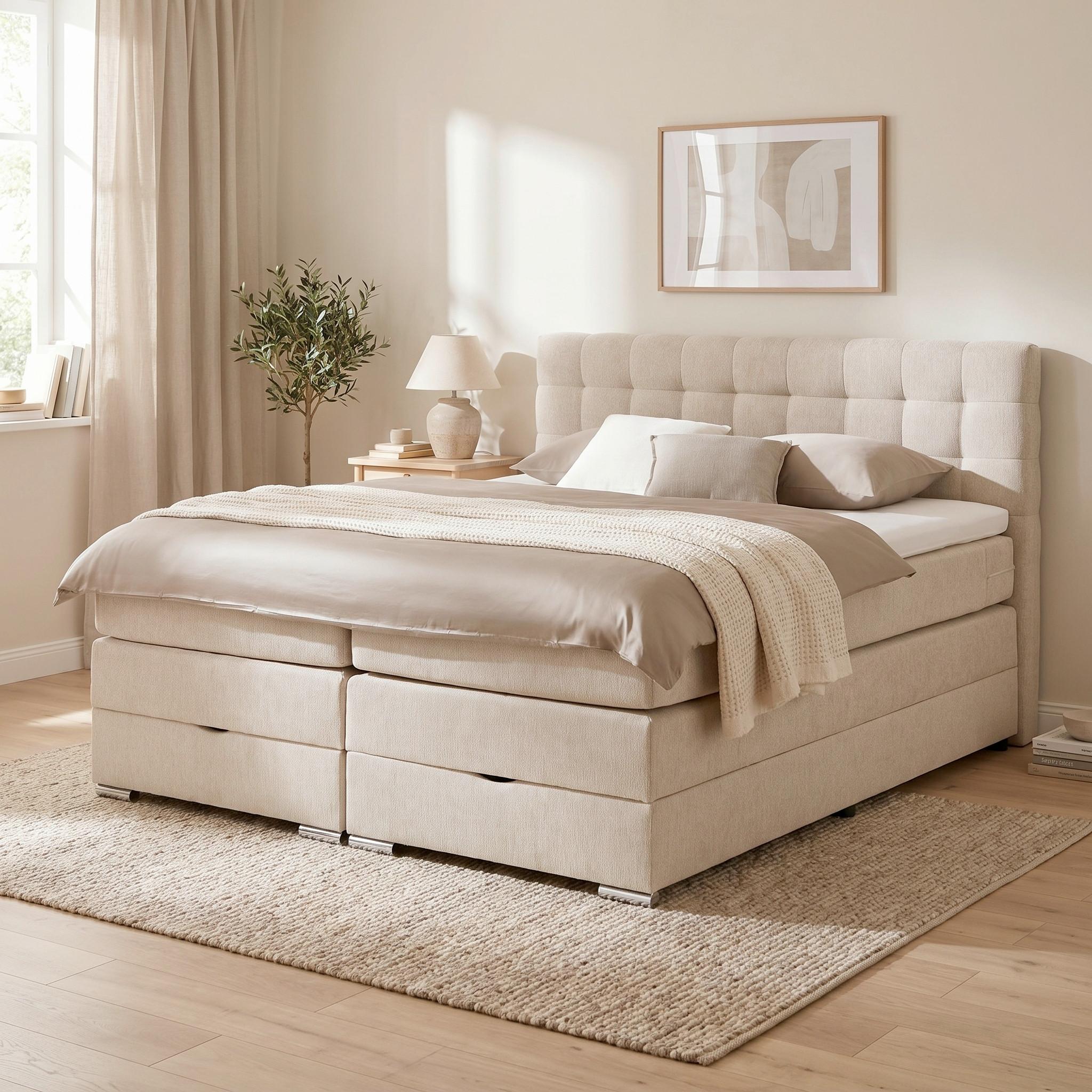 Boxspringbett London Creme ca. 160x200cm - Chromfarben/Creme, MODERN, Holz/Holzwerkstoff (160/200cm) - Premium Living