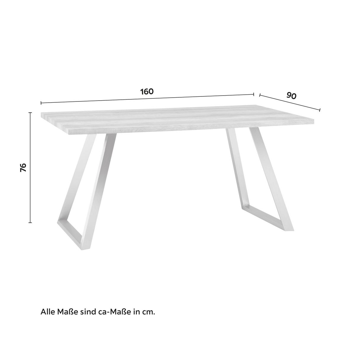 Esstisch Holz "Melani", ca. 160x90 cm, Eiche - Edelstahlfarben/Eichefarben, Modern, Holzwerkstoff/Metall (160/90/76cm) - Bessagi Home