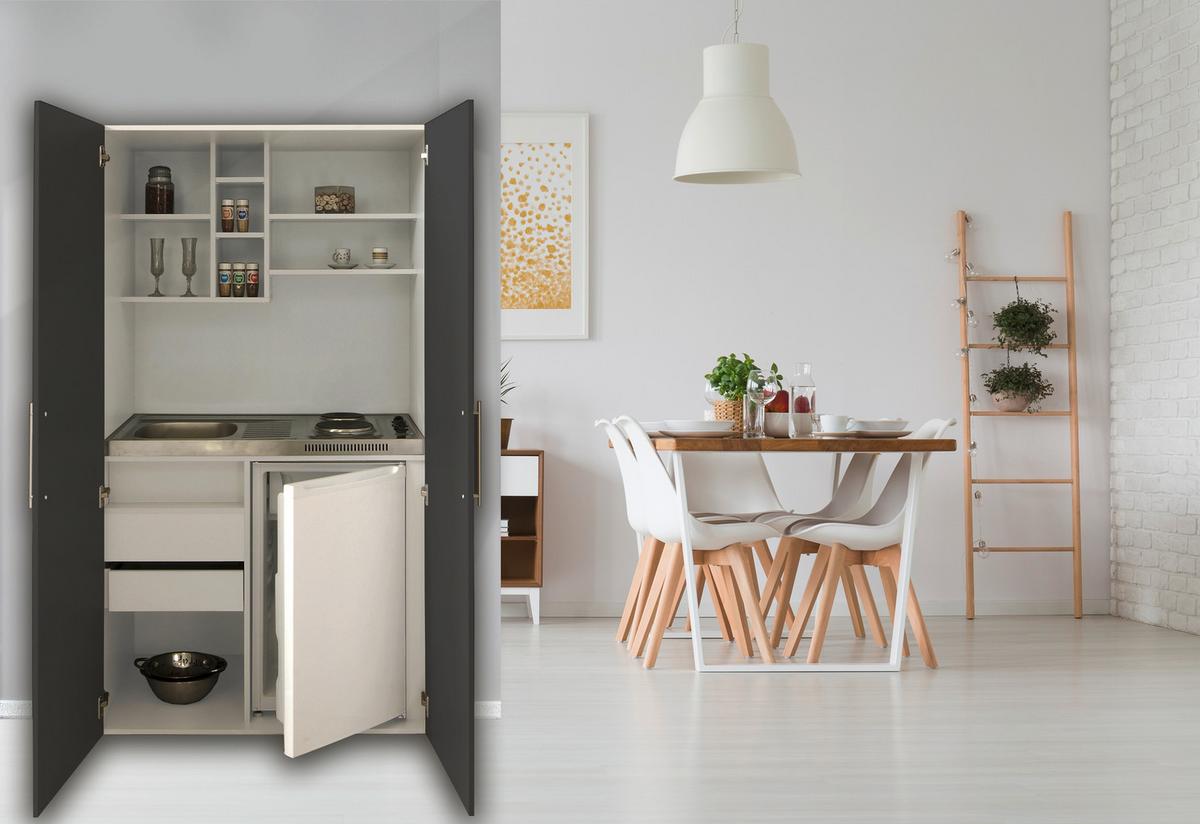 Schrankküche Economy Grau mit Geräte B: ca. 104 cm - Edelstahlfarben/Weiß, MODERN, Holzwerkstoff/Metall (104/193/67cm) - Respekta