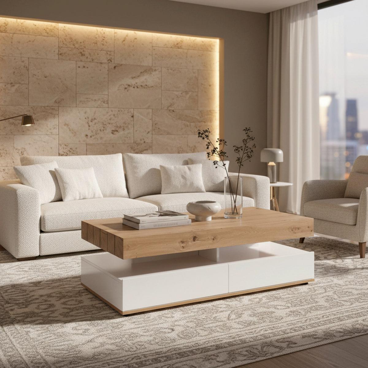Măsuță de cafea CARA - alb/culoare lemn stejar, Modern (110/60/38cm) - Bessagi Home
