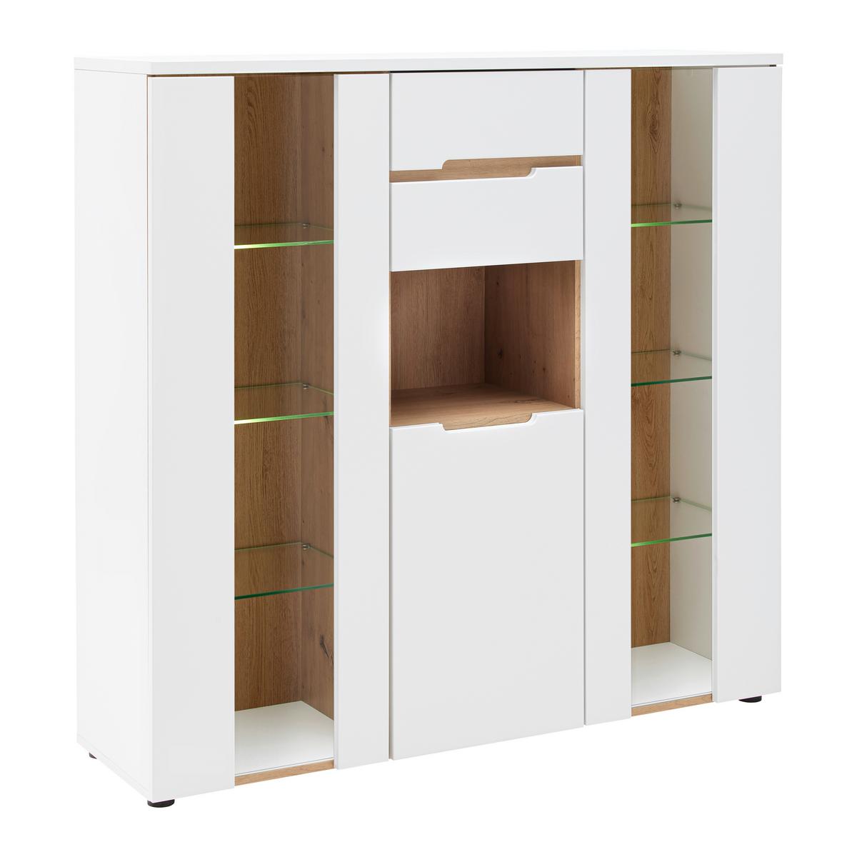 Highboard Dallas Weiss/Eiche Artisan - Weiss/Schwarz, Modern, Holzwerkstoff (130/127/38cm) - Premium Living