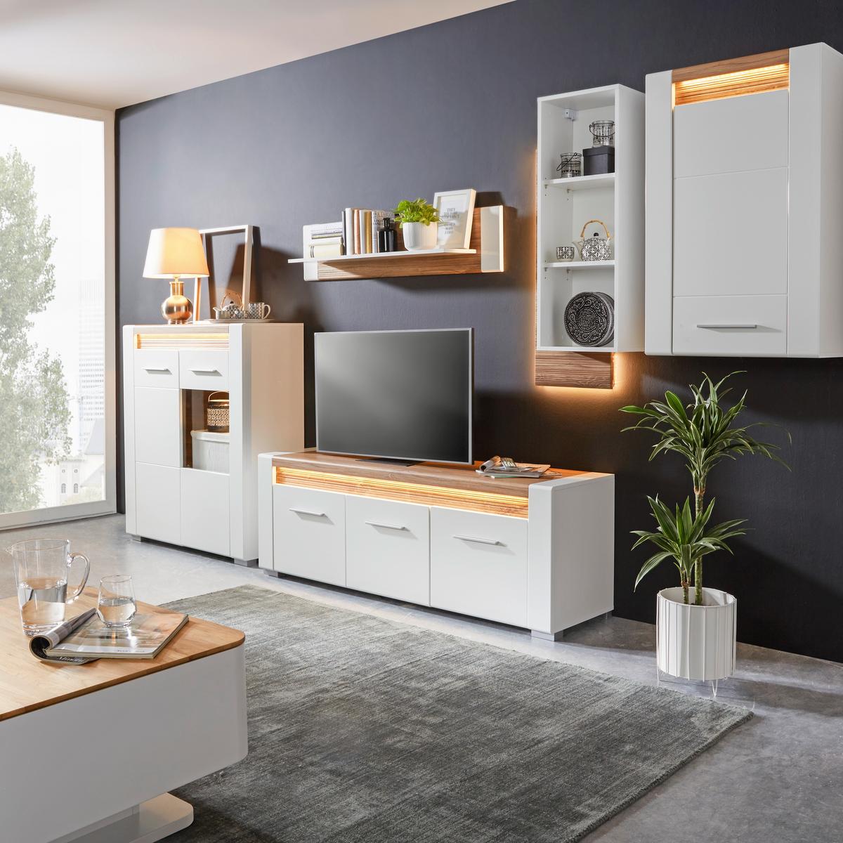 Poliţă de perete Leonardo - alb/culoare lemn stejar, Modern, material pe bază de lemn (120/28/24cm) - Modern Living