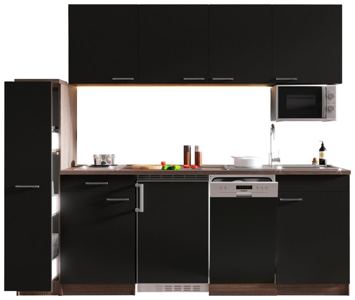Küchenblock Oliver mit Geräten ca. 225 cm Schwarz - Eichefarben/Schwarz, Basics, Holzwerkstoff/Kunststoff (225cm) - Respekta