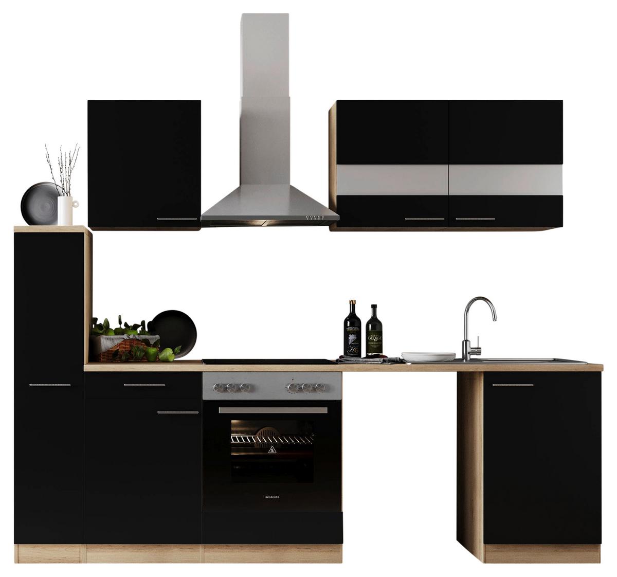 Küchenblock Merle mit Geräten Schwarz - Edelstahlfarben/Eichefarben, Basics, Glas/Holzwerkstoff (250cm) - Respekta