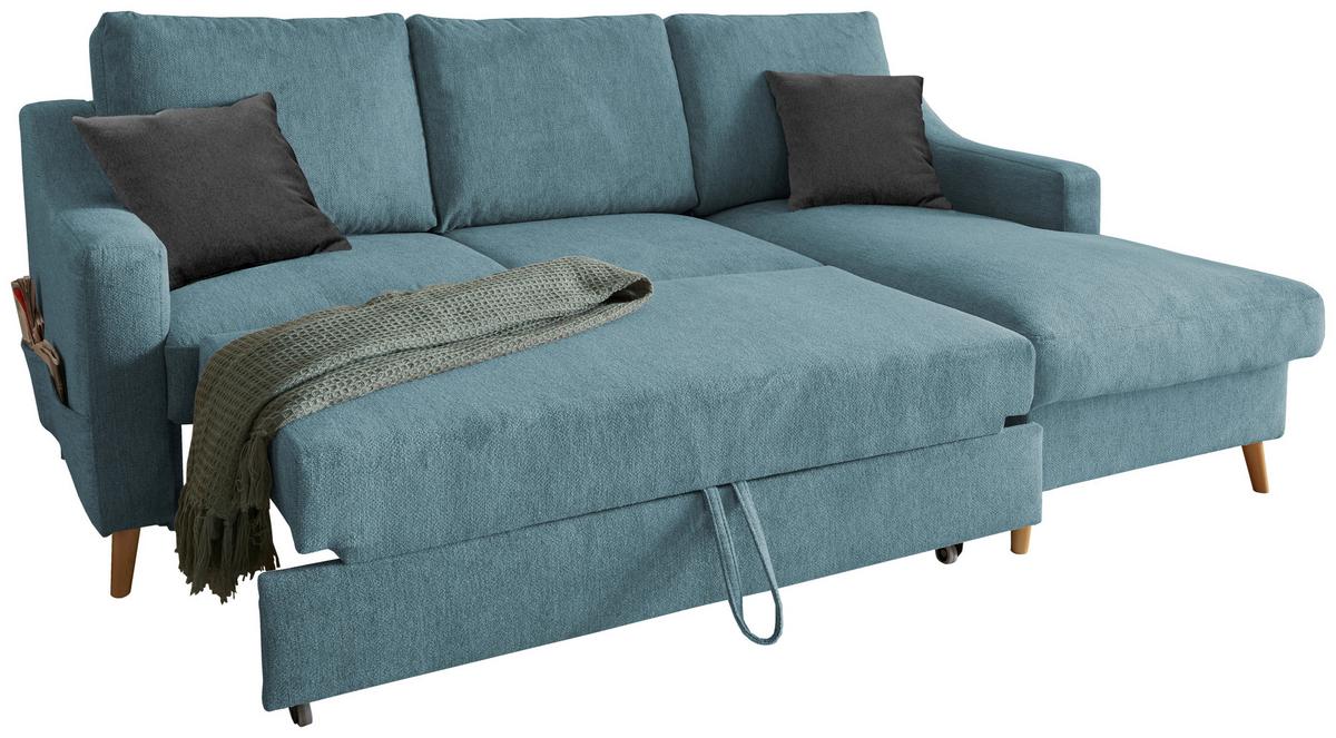 Wohnlandschaft Valentina Blau Mikrofaser - Blau/Schwarz, Design, Holz/Textil (228/150cm) - MID.YOU