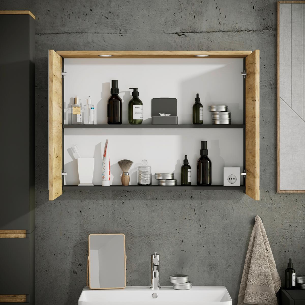 Spiegelschrank Cosila - Honigeiche/Anthrazit, Trend, Glas/Holzwerkstoff (80/59/23cm) - MID.YOU