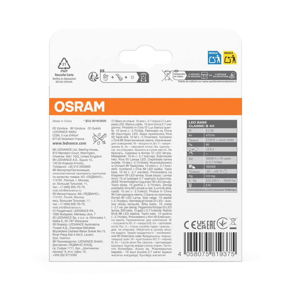 ŻARÓWKA LED BASECLB40 4W-827 GLFR - biały, Basics, szkło (3,5/10cm) - Osram