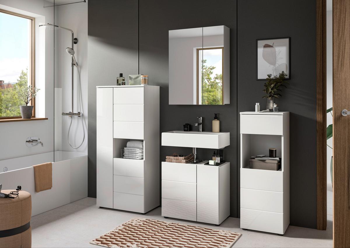 Midischrank Vira ca. 60x133x34 cm Weiß - Weiß Hochglanz/Schwarz, MODERN, Holzwerkstoff/Kunststoff (60/133/34cm) - MID.YOU