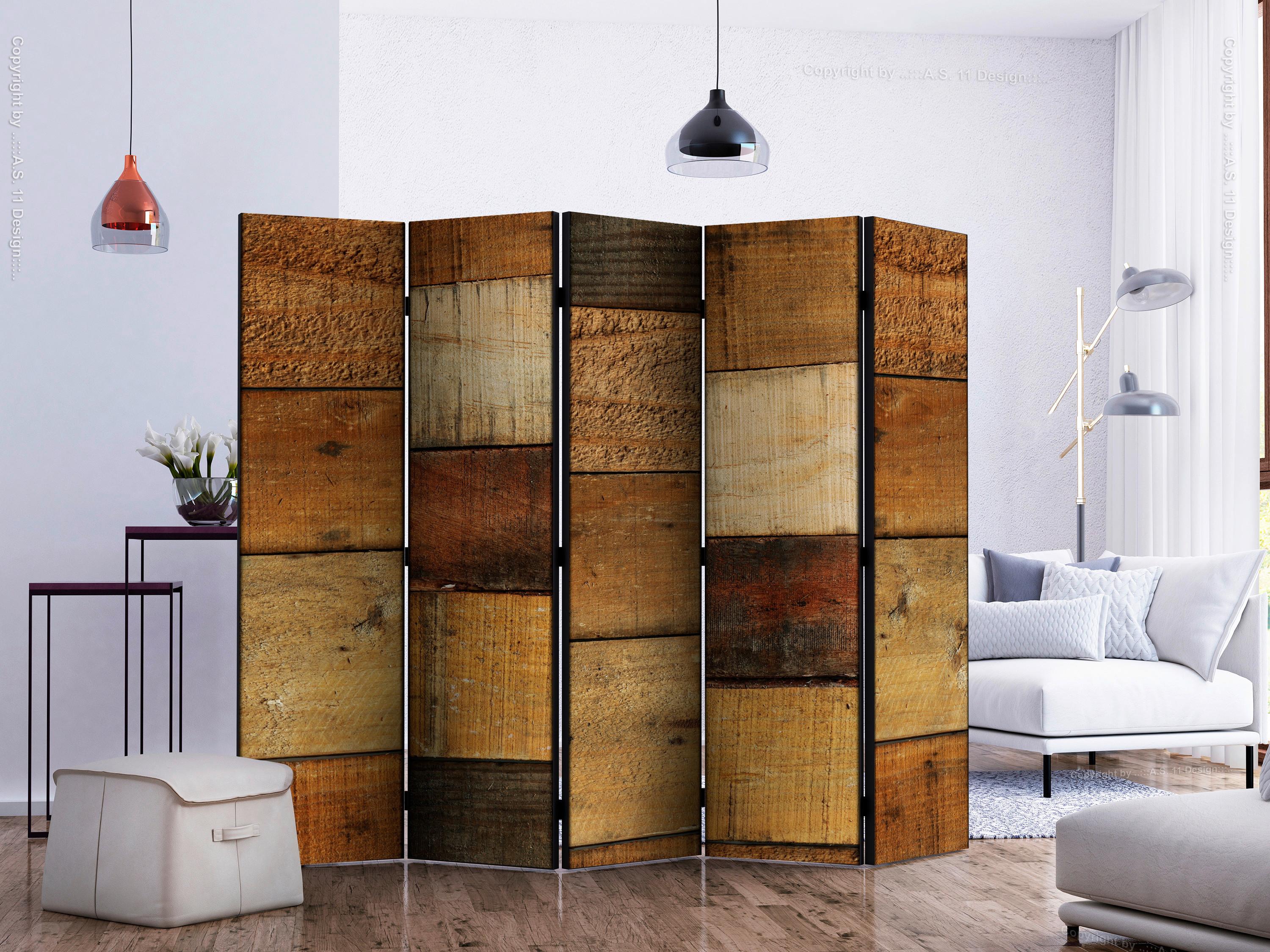 Paravan Wooden Textures I, 5-Delni, Enostranski - barve konjaka/rjava, Basics, tekstil/les (225/172/3cm) - artgeist
